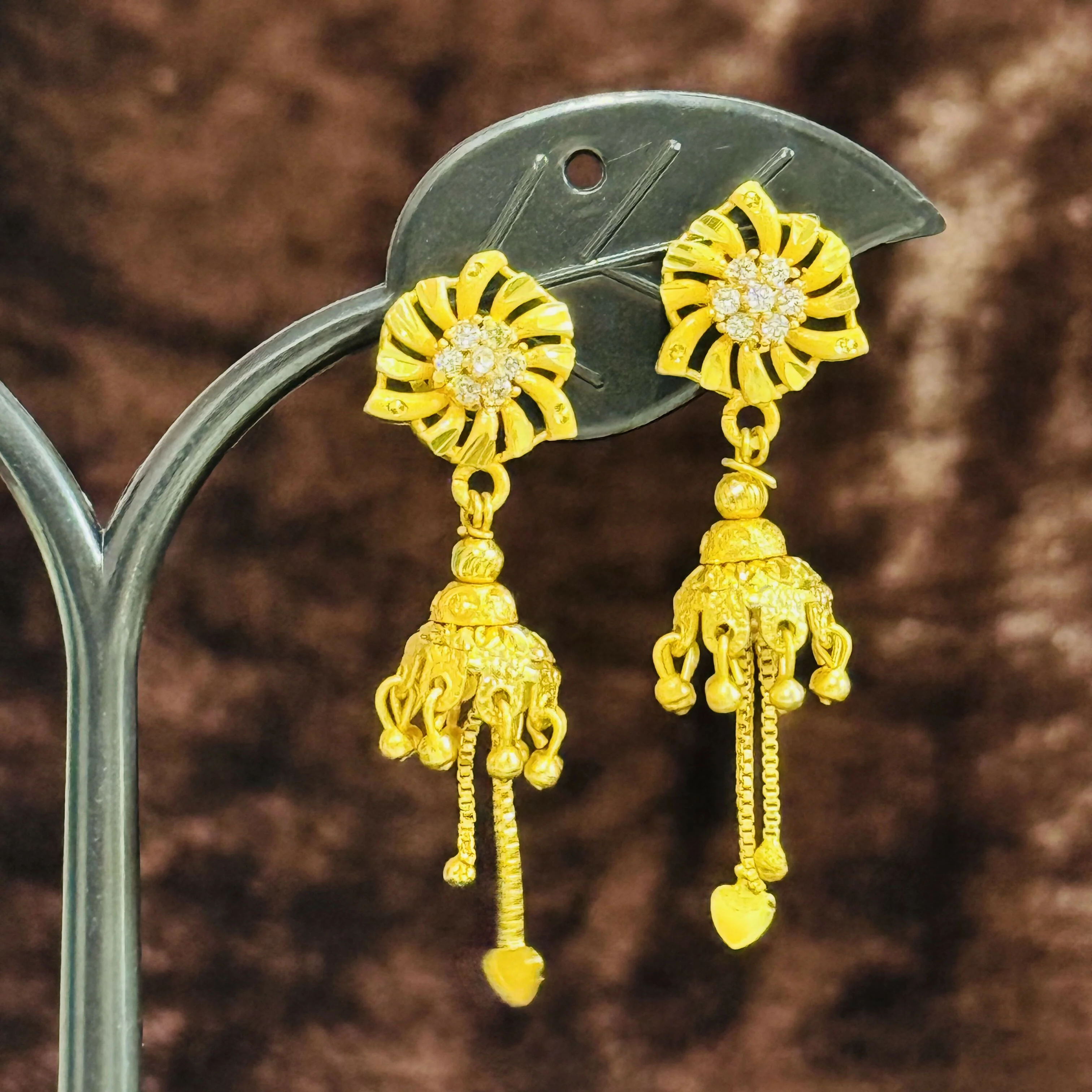 Lightweight Gold Plated Triangle Jhumka with Drop Chains - Image 2