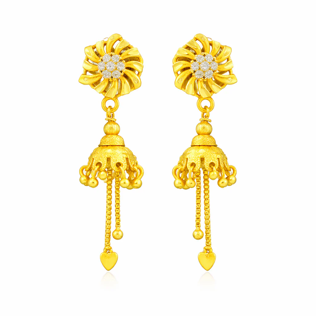 Lightweight Gold Plated Triangle Jhumka with Drop Chains - Image 3