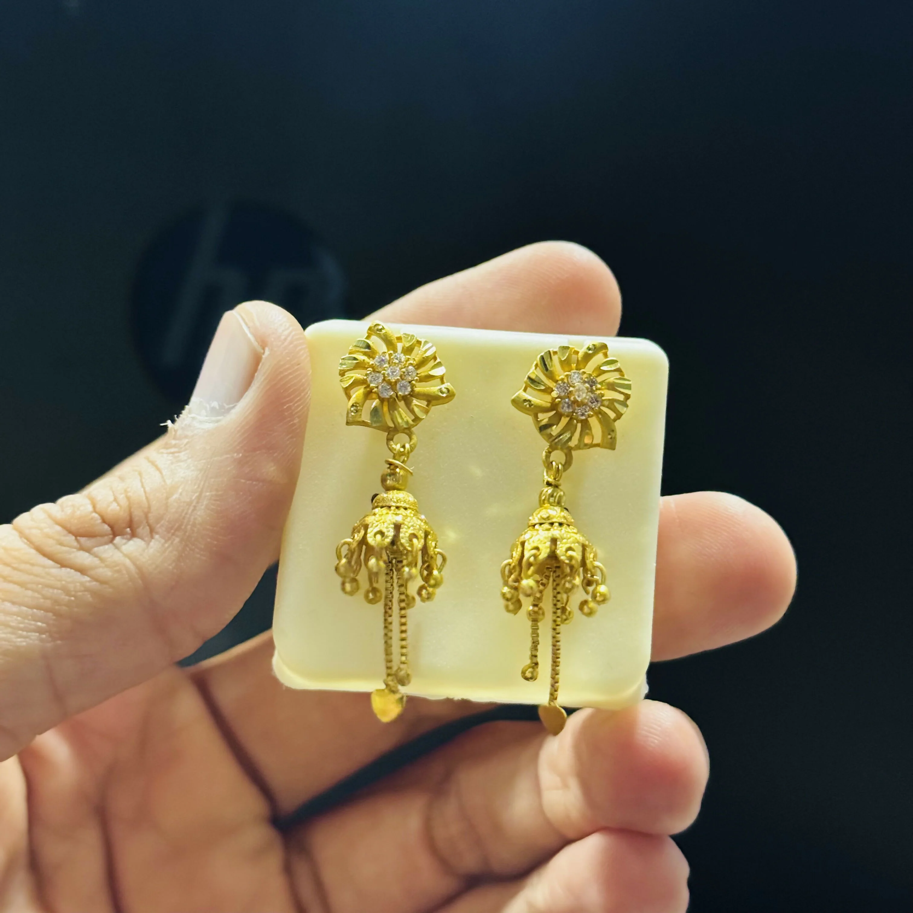 Lightweight Gold Plated Triangle Jhumka with Drop Chains - Image 5