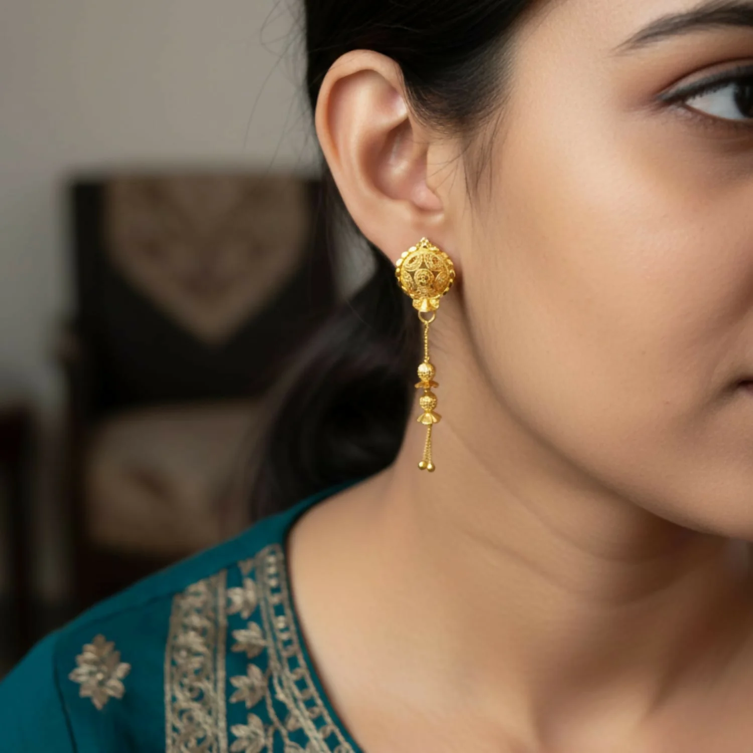 Golden Long Chain Beads Earrings for Women & Girls – Fancy Style - Image 2