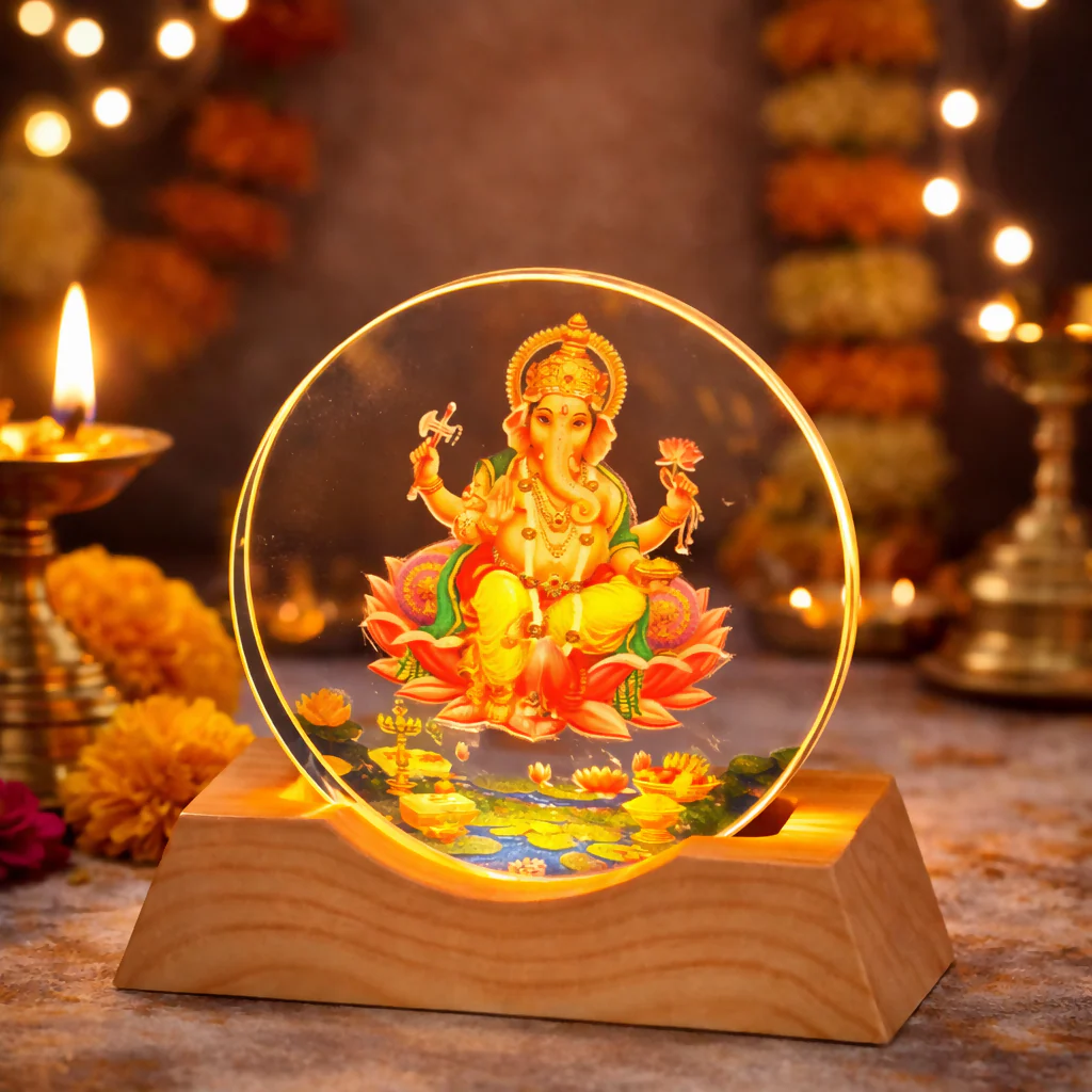 Lord Ganesha Acrylic LED Lamp with Wooden Base | Devotional Night Light - Image 2