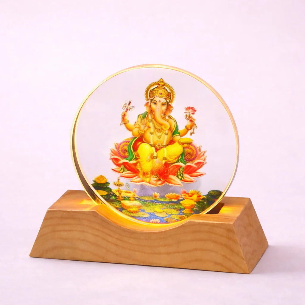 Lord Ganesha Acrylic LED Lamp with Wooden Base | Devotional Night Light - Image 3