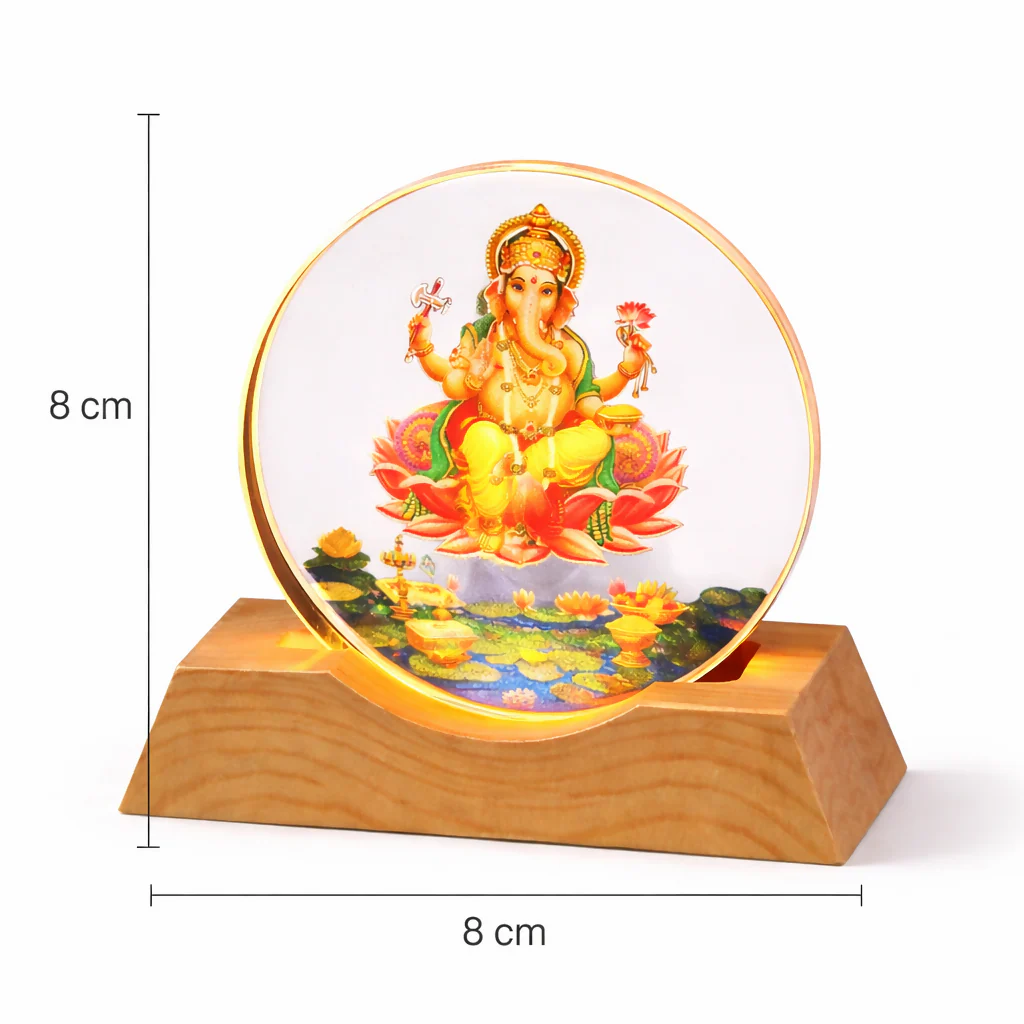 Lord Ganesha Acrylic LED Lamp with Wooden Base | Devotional Night Light - Image 4