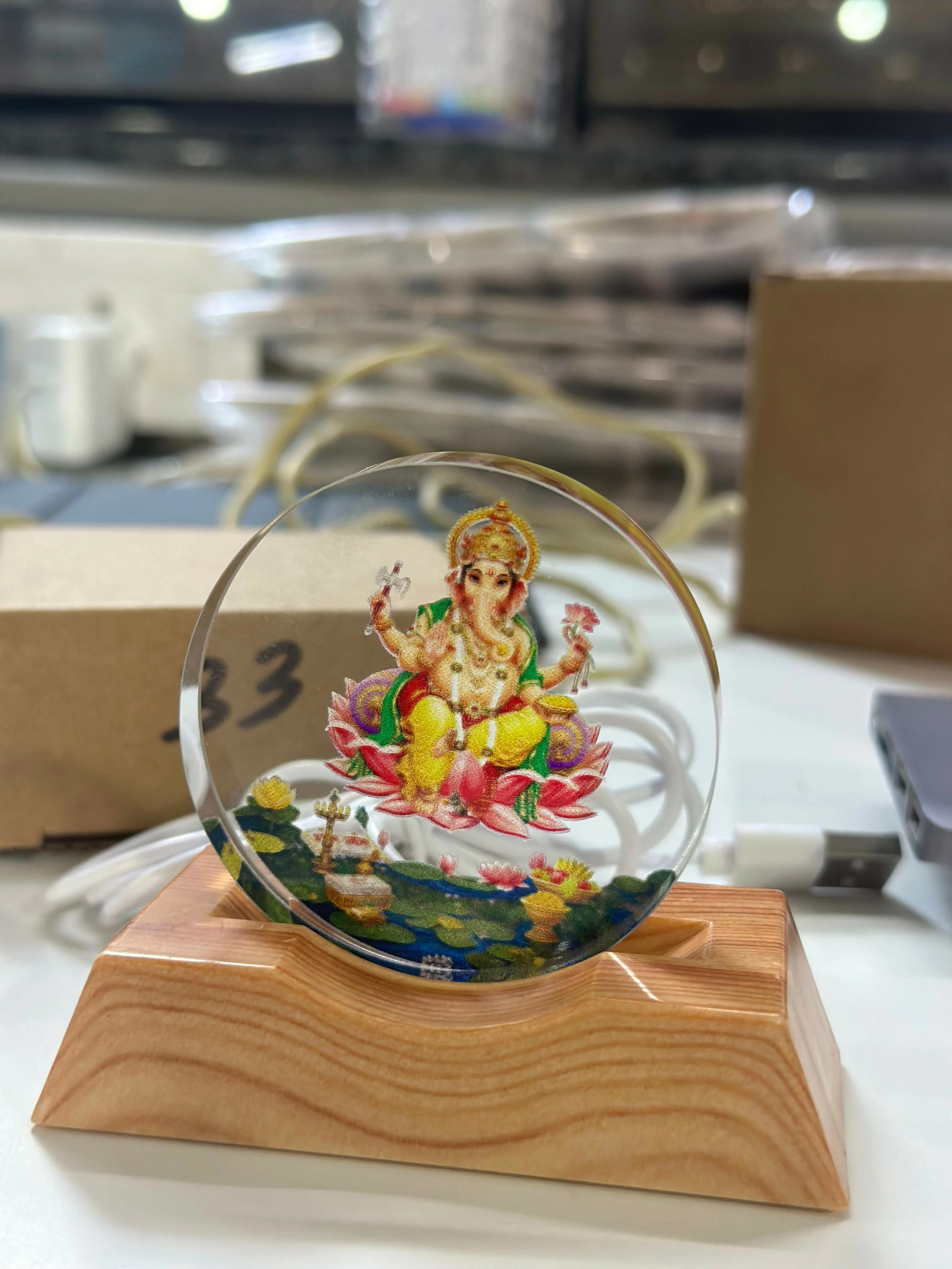 Lord Ganesha Acrylic LED Lamp with Wooden Base | Devotional Night Light - Image 5