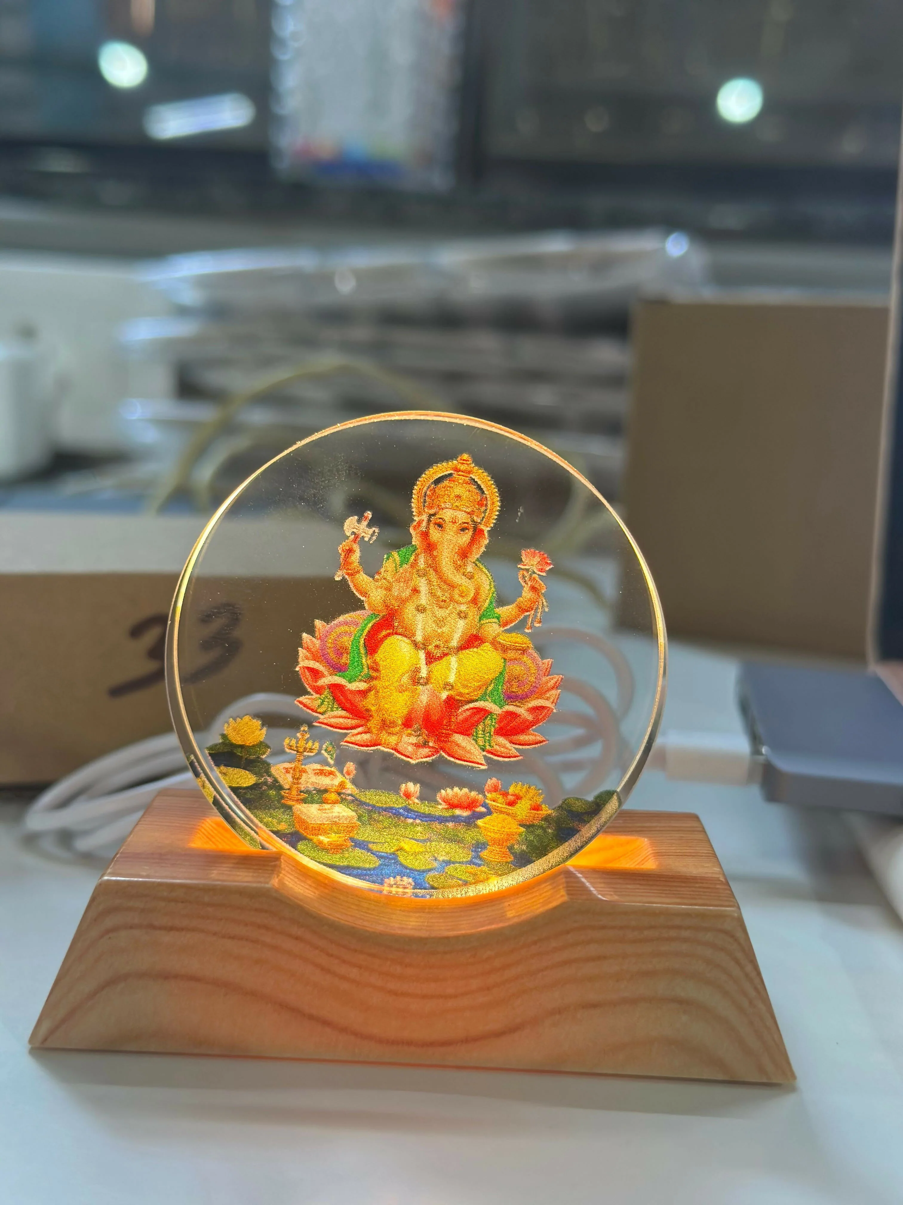 Lord Ganesha Acrylic LED Lamp with Wooden Base | Devotional Night Light - Image 6