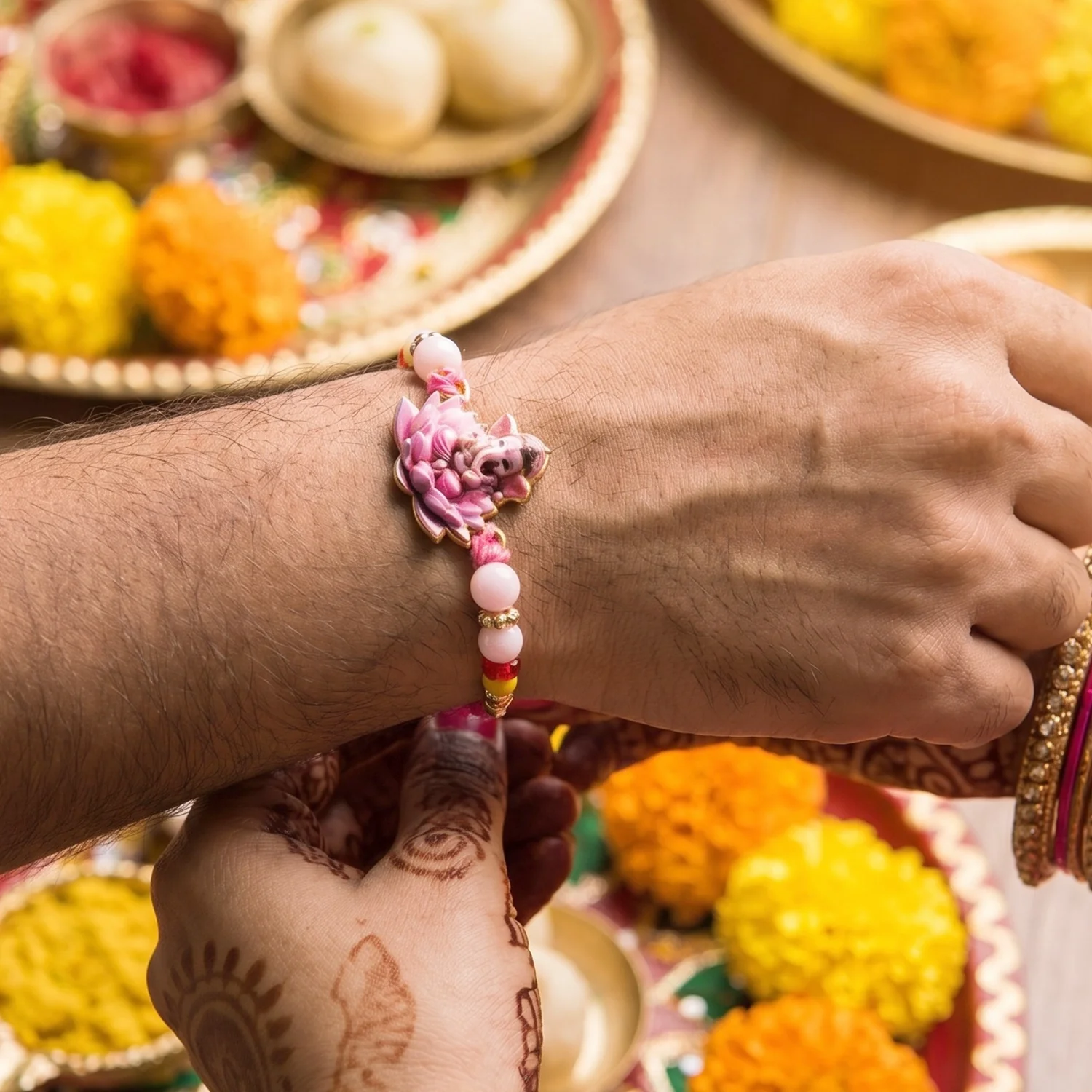 Lord Ganesha on Pink Lotus Designer Rakhi - Image 2