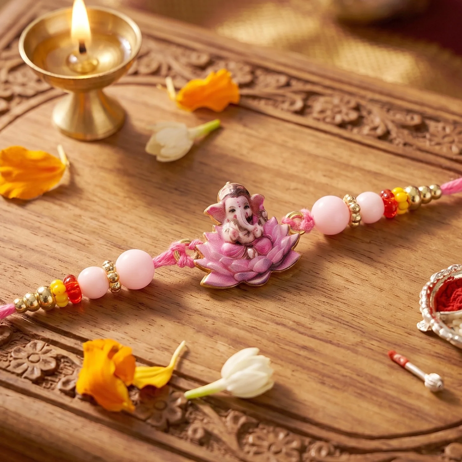 Lord Ganesha on Pink Lotus Designer Rakhi - Image 3