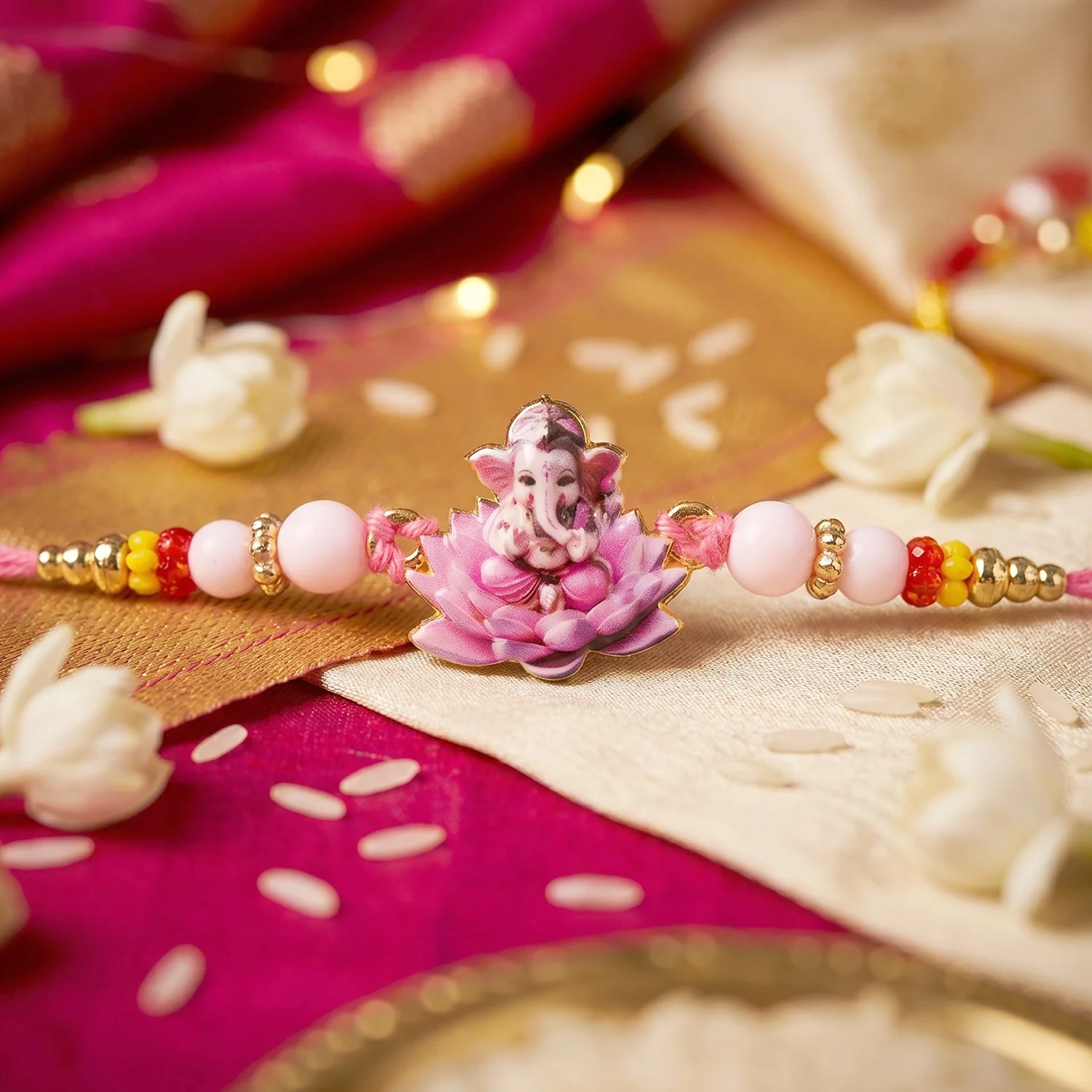 Lord Ganesha on Pink Lotus Designer Rakhi - Image 4