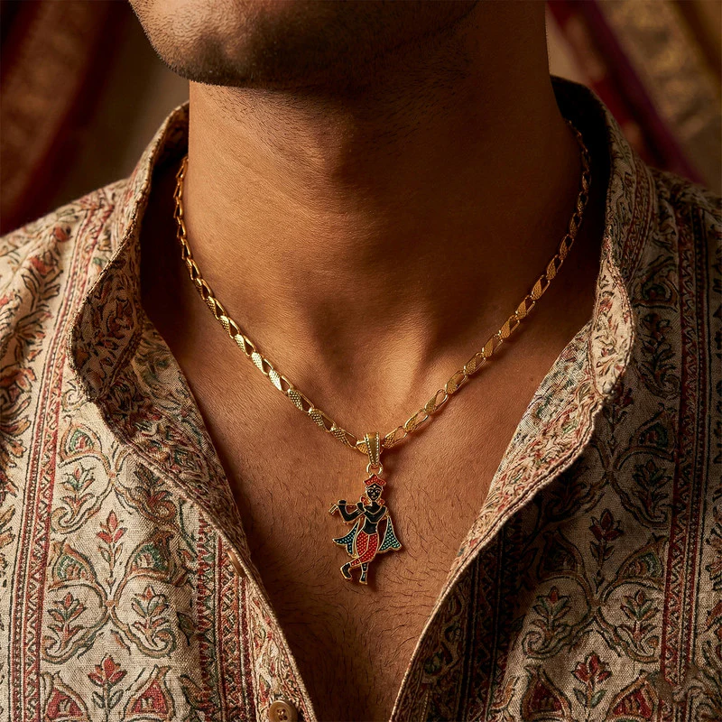 Lord Krishna Dancing Pendant Necklace with Designer Chain - Image 2