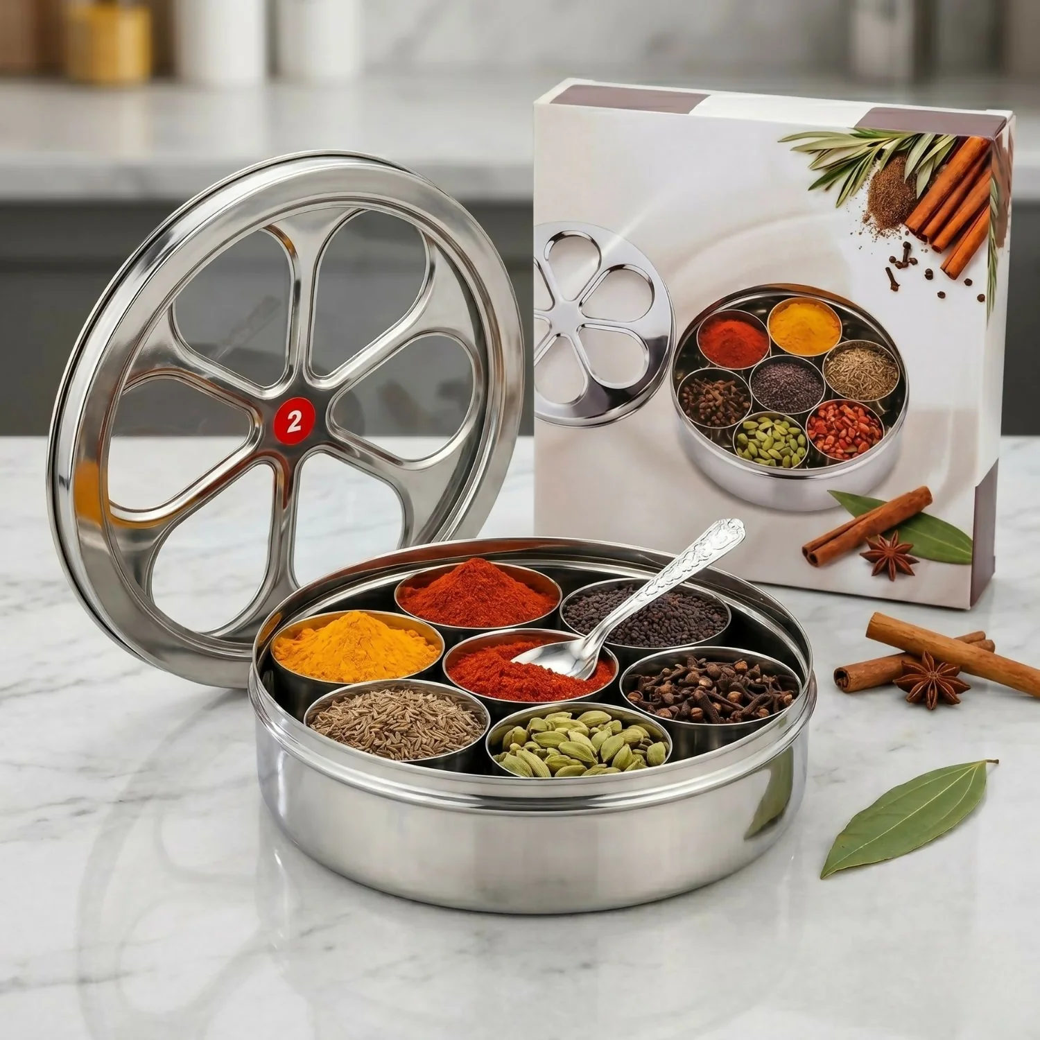 Lotus Masala Dubba with 7 pc bowl and spoon - Image 3
