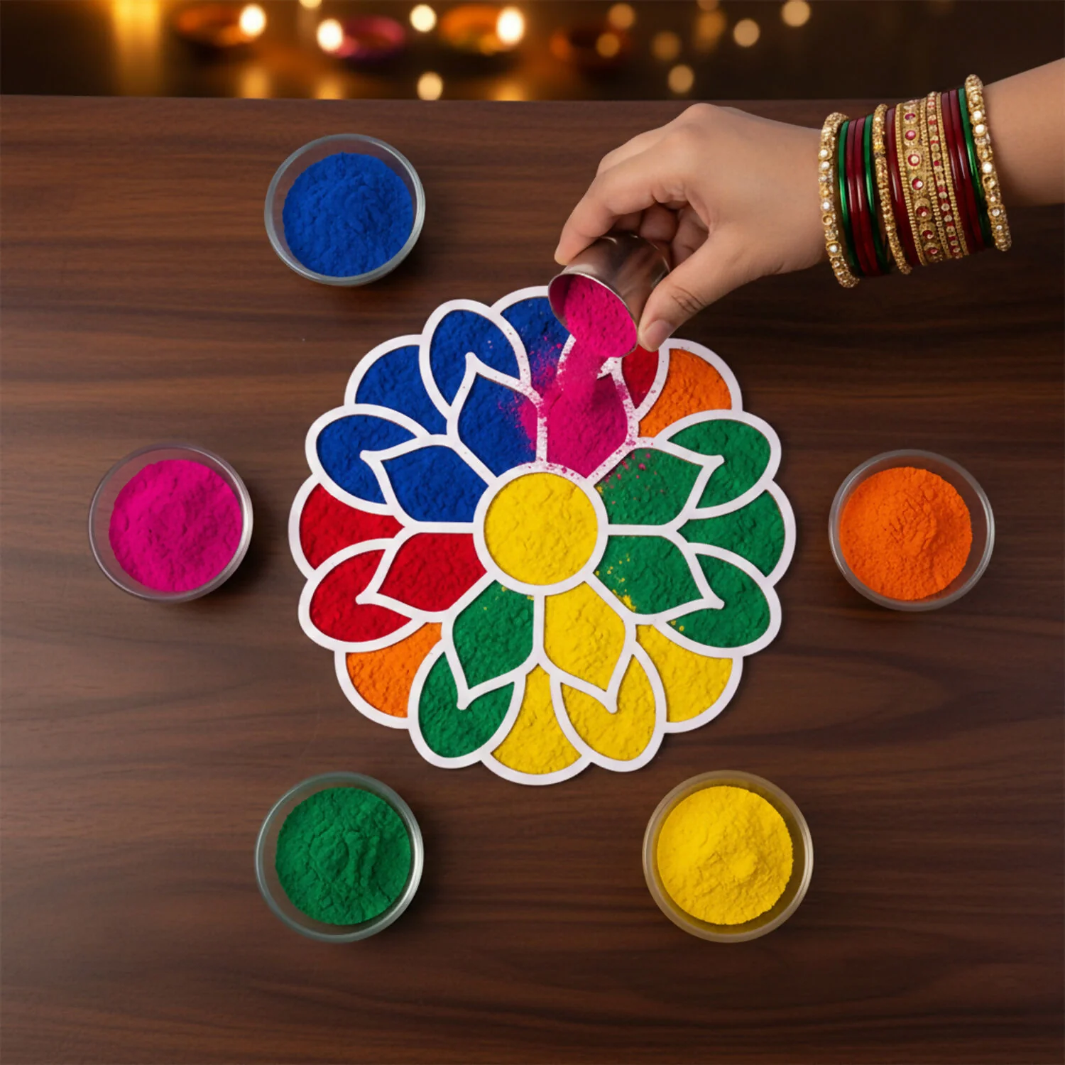 Lotus Rangoli Stencil | Reusable MDF Template for Easy Diwali & Pooja Floor Decor - Image 2