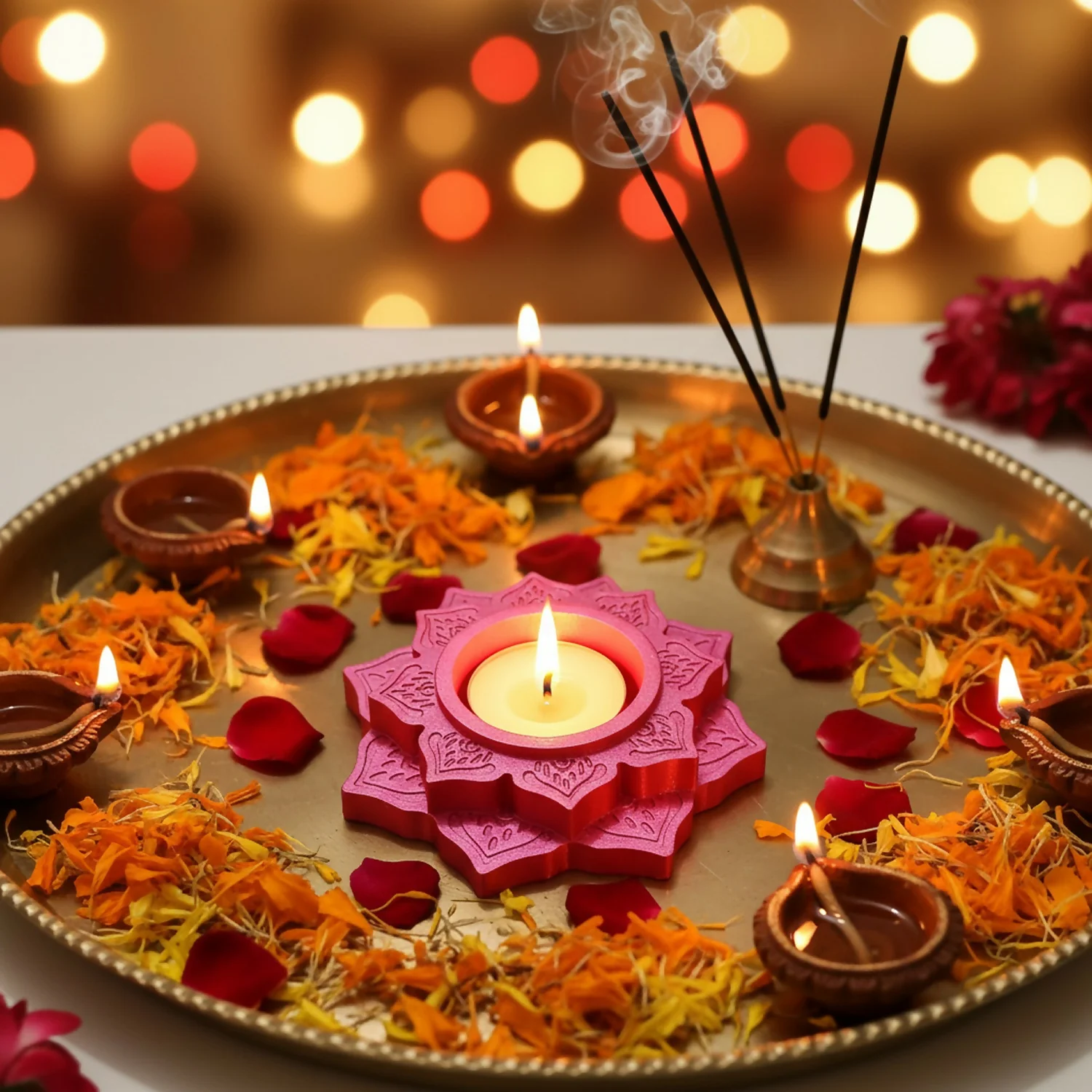 Lotus Shape Decorative Diya Multipurpose Candle Holder Dhoop Cone Stand - Image 4