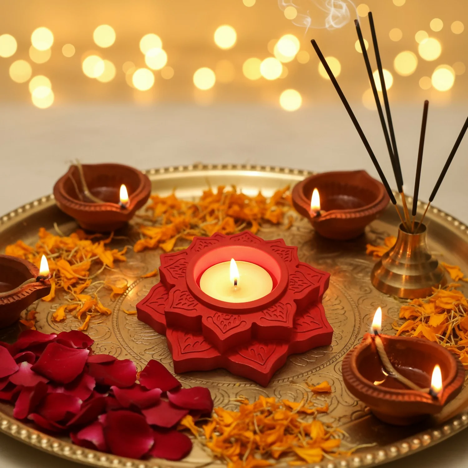 Lotus Shape Decorative Diya Multipurpose Candle Holder Dhoop Cone Stand - Image 7