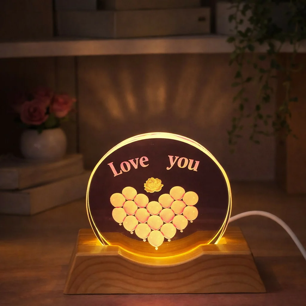Love You Acrylic LED Lamp with Wooden Base Romantic Heart Gift Light - Image 3
