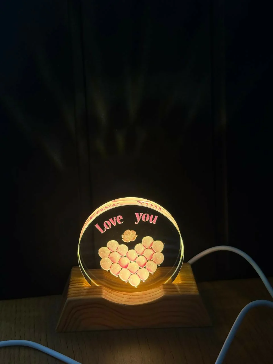 Love You Acrylic LED Lamp with Wooden Base Romantic Heart Gift Light - Image 4