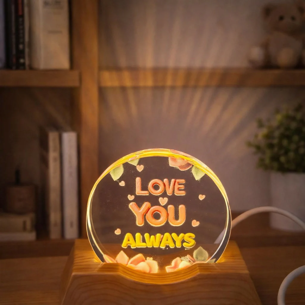 Love You Always Acrylic LED Lamp with Wooden Base Romantic Gift Light - Image 2