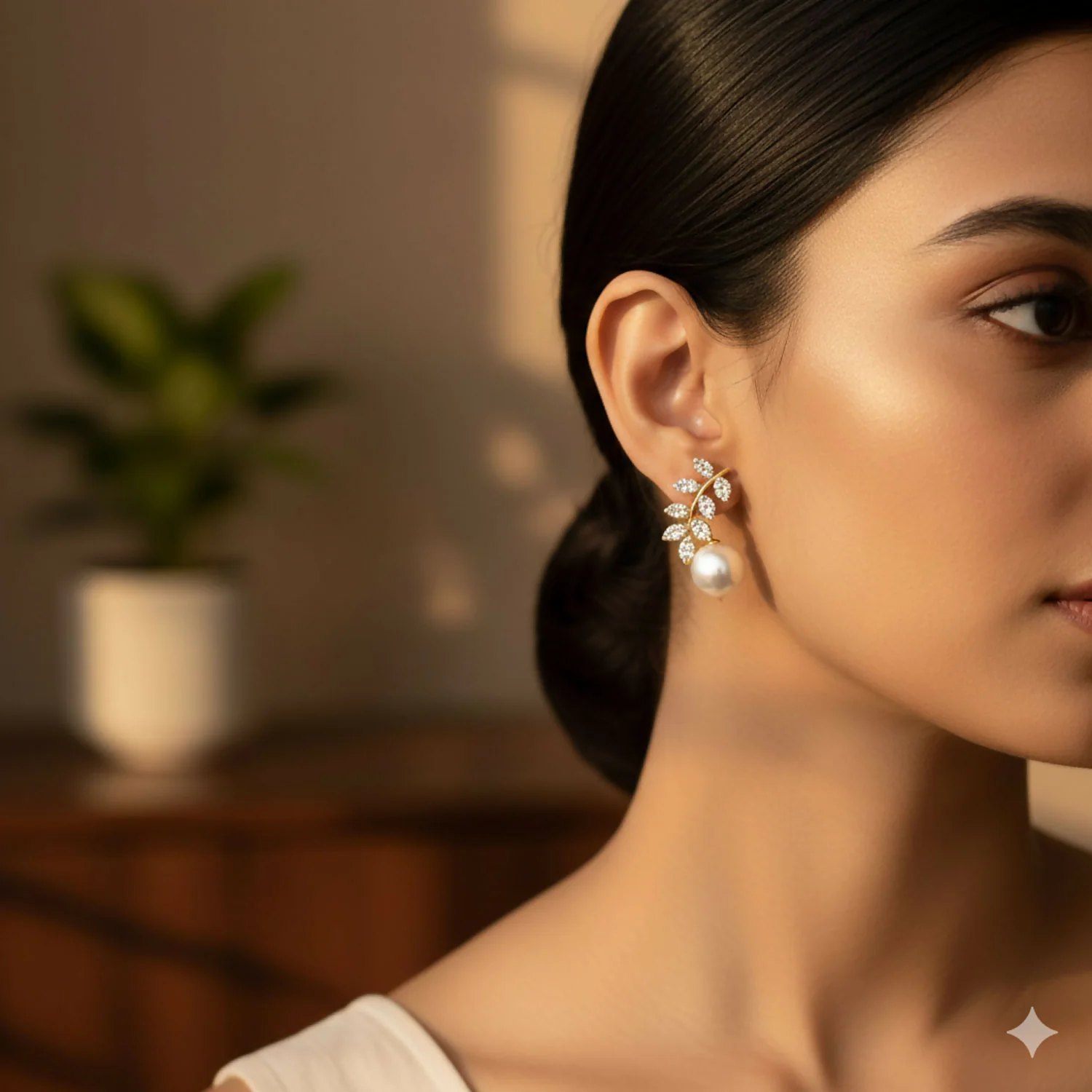 Luxurious Crystal Leaf & Pearl Ear Climbers – 14K Gold Plated Botanical Studs - Image 2