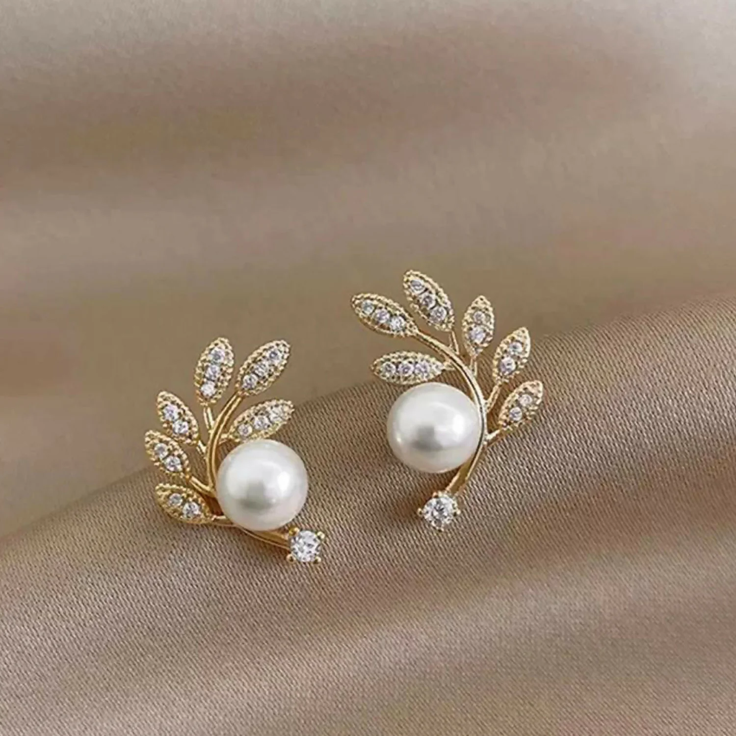 Luxurious Crystal Leaf & Pearl Ear Climbers – 14K Gold Plated Botanical Studs - Image 3