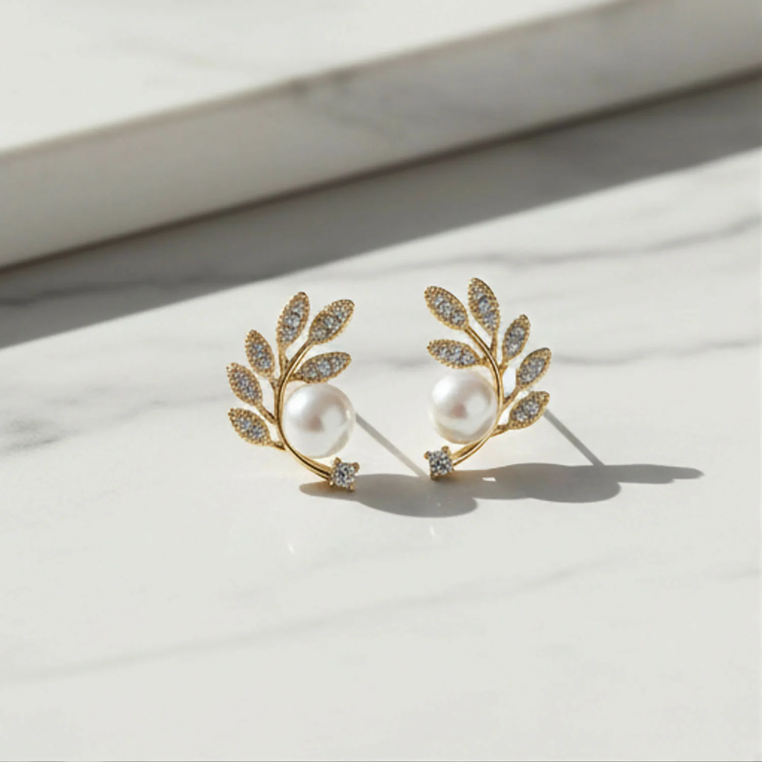 Luxurious Crystal Leaf & Pearl Ear Climbers – 14K Gold Plated Botanical Studs - Image 4
