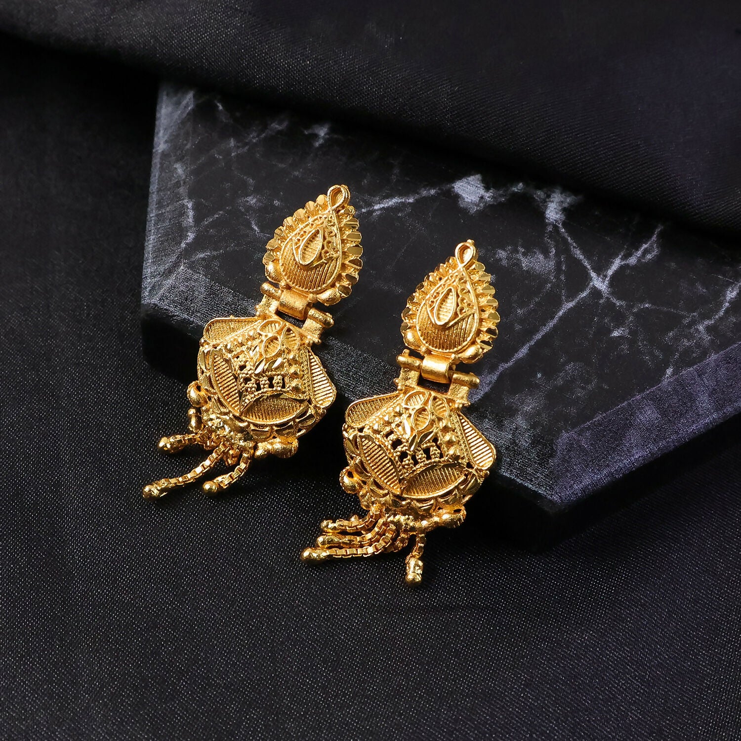 Luxurious Festive Wear Gold Dangle Earrings with Intricate Carved Design and Hanging Gold Beads - Image 2