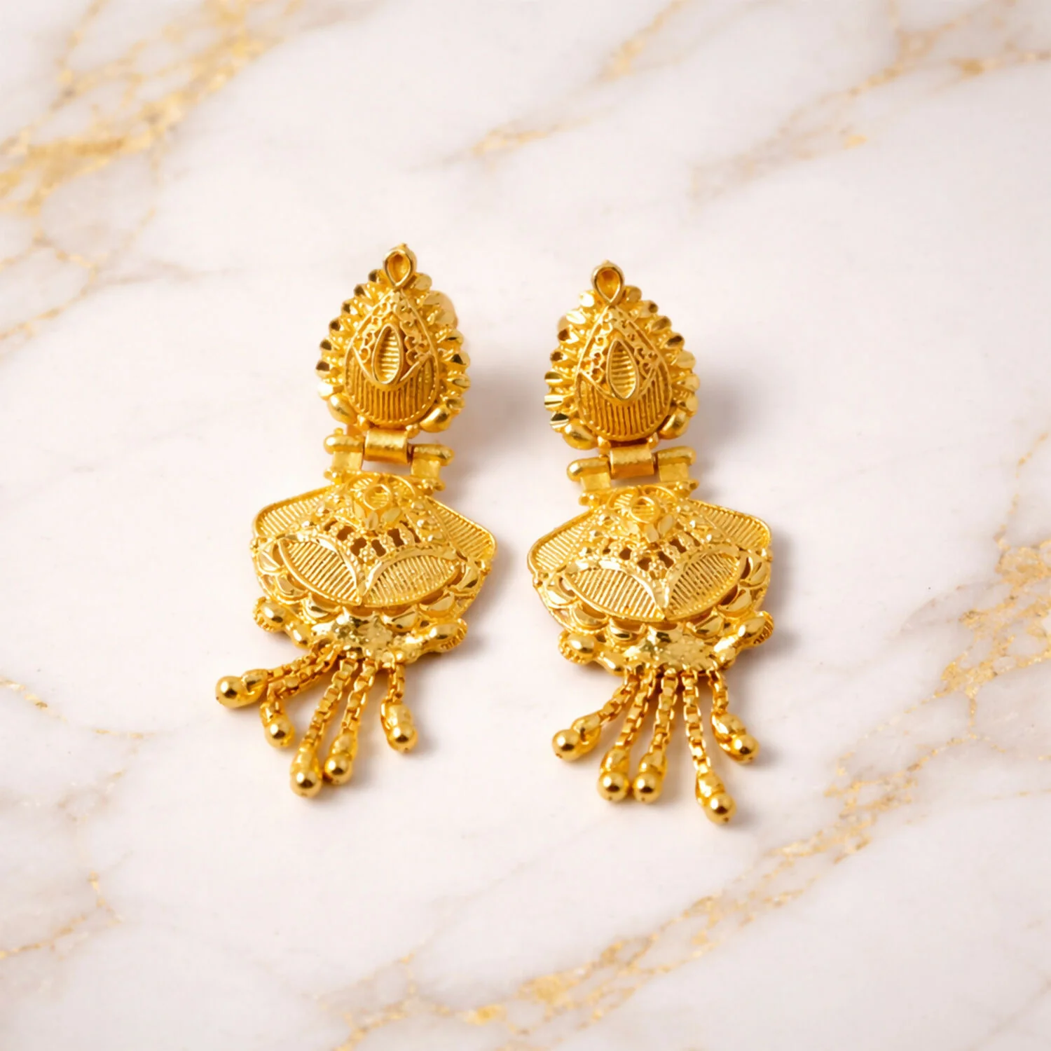 Luxurious Festive Wear Gold Dangle Earrings with Intricate Carved Design and Hanging Gold Beads - Image 3