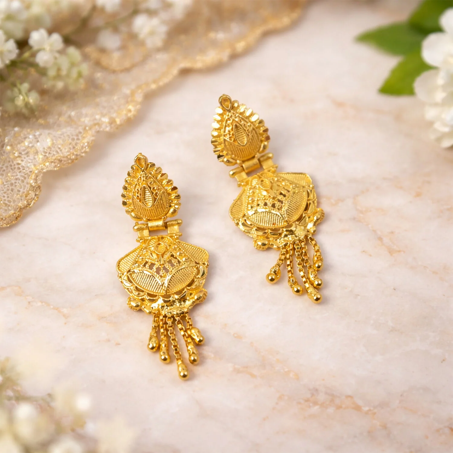 Luxurious Festive Wear Gold Dangle Earrings with Intricate Carved Design and Hanging Gold Beads - Image 4