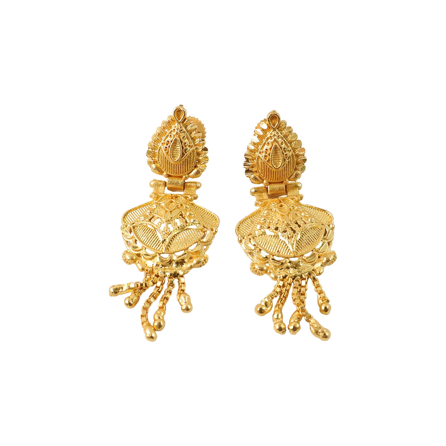 Luxurious Festive Wear Gold Dangle Earrings with Intricate Carved Design and Hanging Gold Beads - Image 5