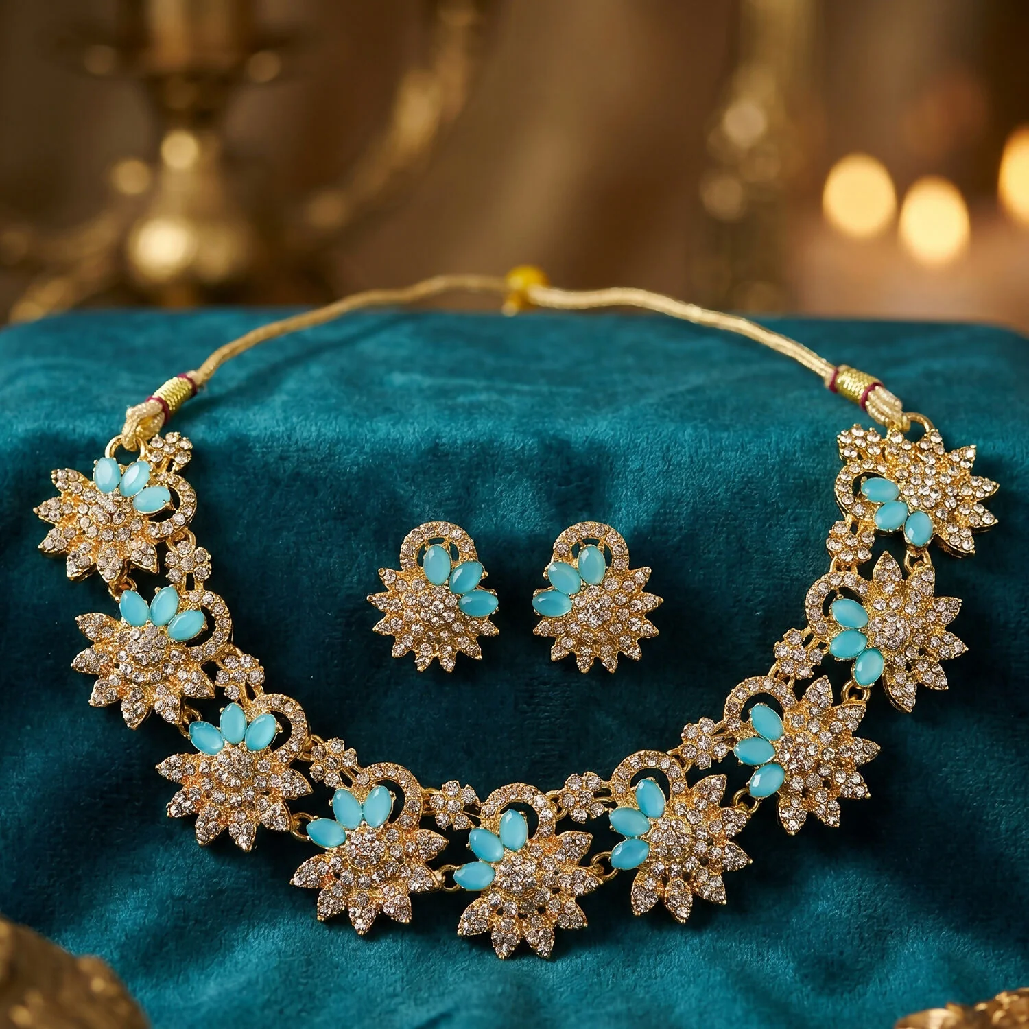 Luxurious Blue Floral Necklace Set with Earrings for Celebrations - Image 2
