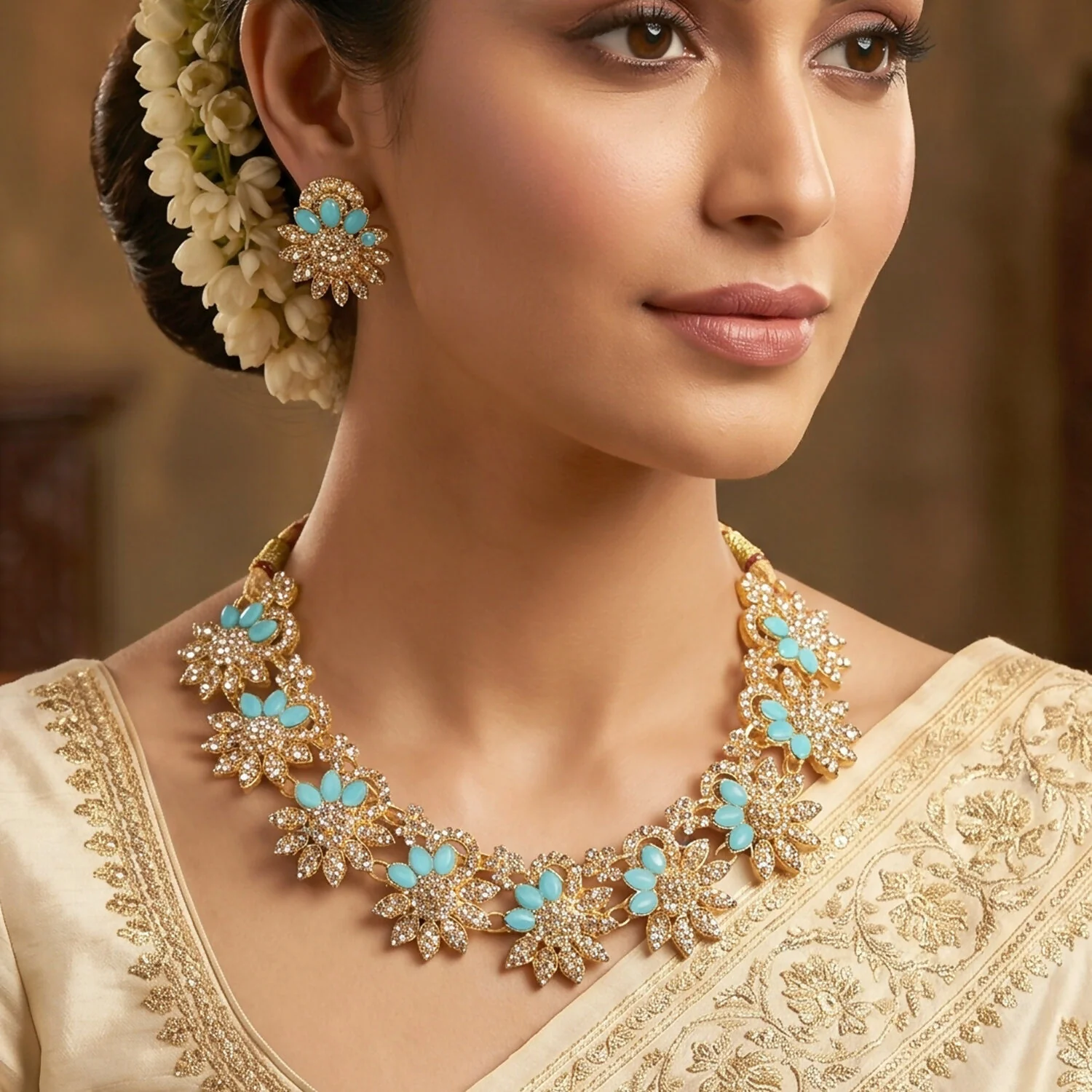 Luxurious Blue Floral Necklace Set with Earrings for Celebrations - Image 5