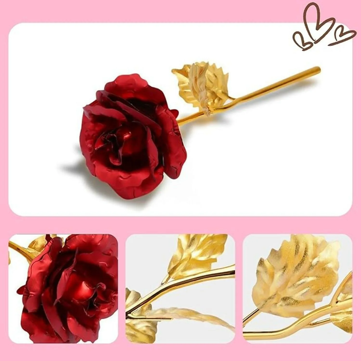 Luxury 24K Gold Plated Artificial Rose Set of 3 | Red & Gold Eternal Roses for Love Gift, Anniversary, Valentine’s Day & Home Décor | Metal Stem Romantic Gifting Flower Set with Gift Box - Image 2