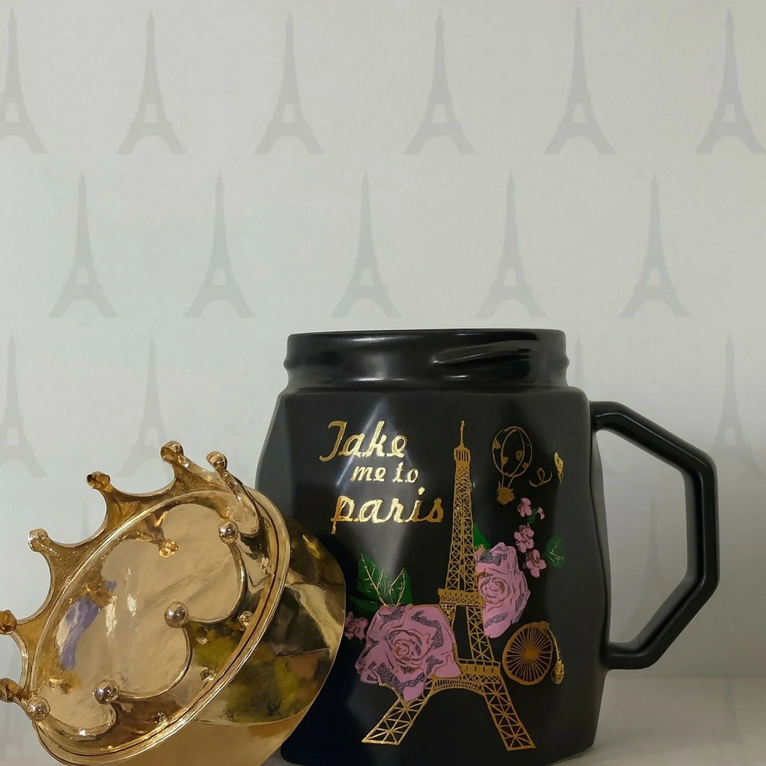 Luxury Black Ceramic Paris Mug with Golden Crown Lid | Gift Coffee Cup - Image 2