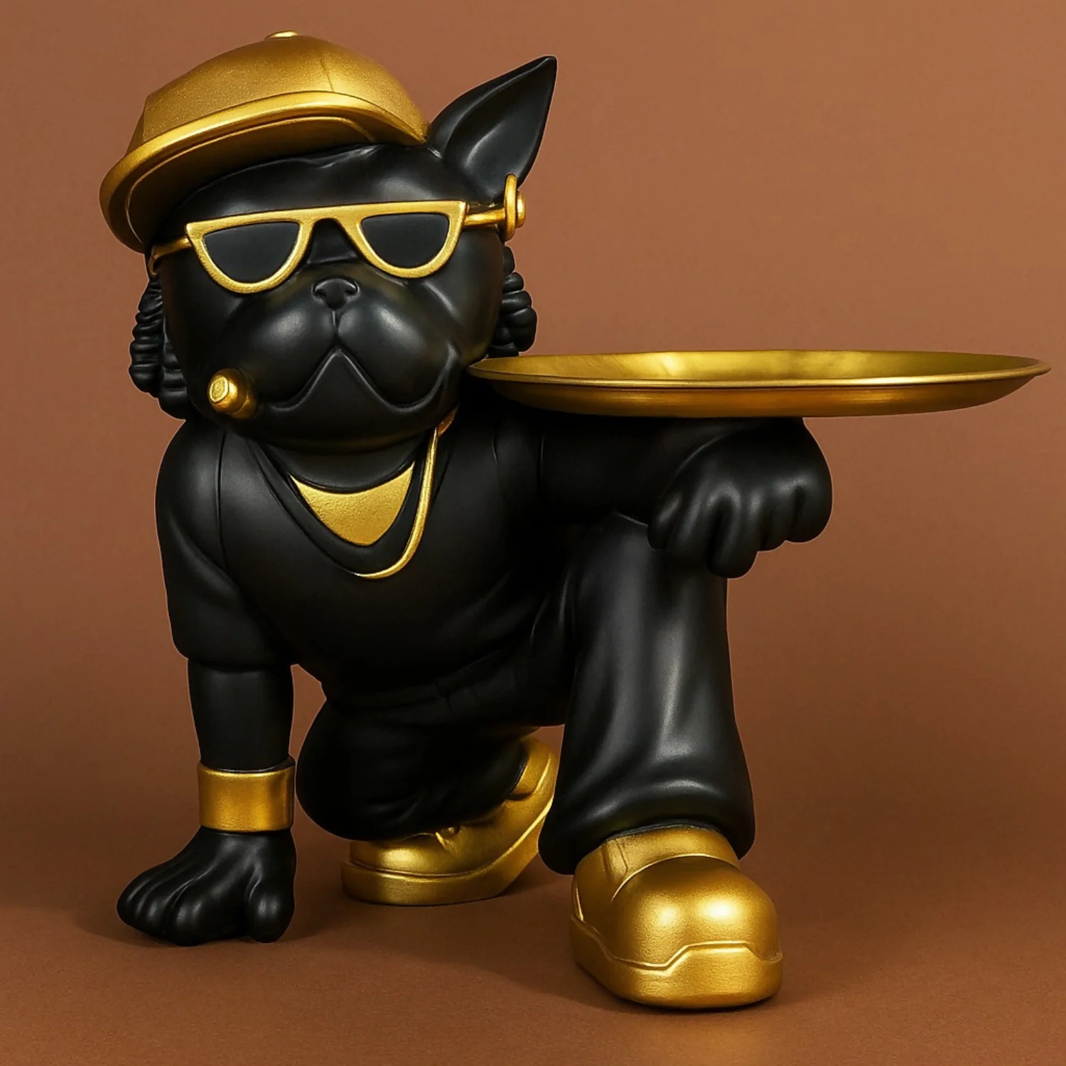 Luxury Black & Gold Bulldog Butler Figurine with Tray – Stylish Resin Dog Showpiece Wearing Cap & Sunglasses – Funky Modern Art Decorative Tray Stand for Keys, Coins & Snacks – Premium Home & Office Décor Gift - Image 2