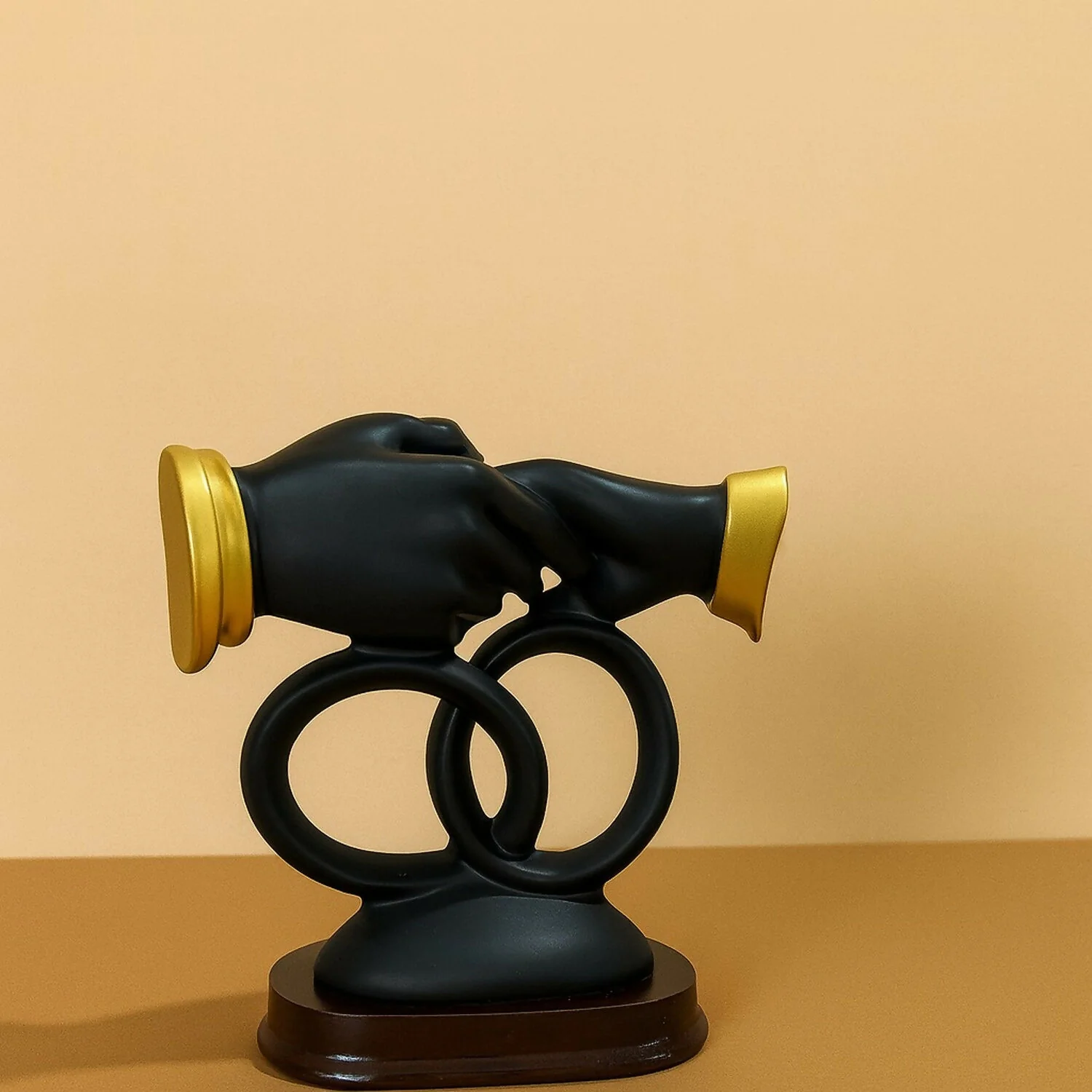 Luxury Black & Gold Handshake Figurine with Interlocked Rings & Floral Base | Romantic Couple Holding Hands Showpiece for Home Décor, Wedding Gift, Anniversary Gift, Office Desk & Living Room Decoration - Image 2