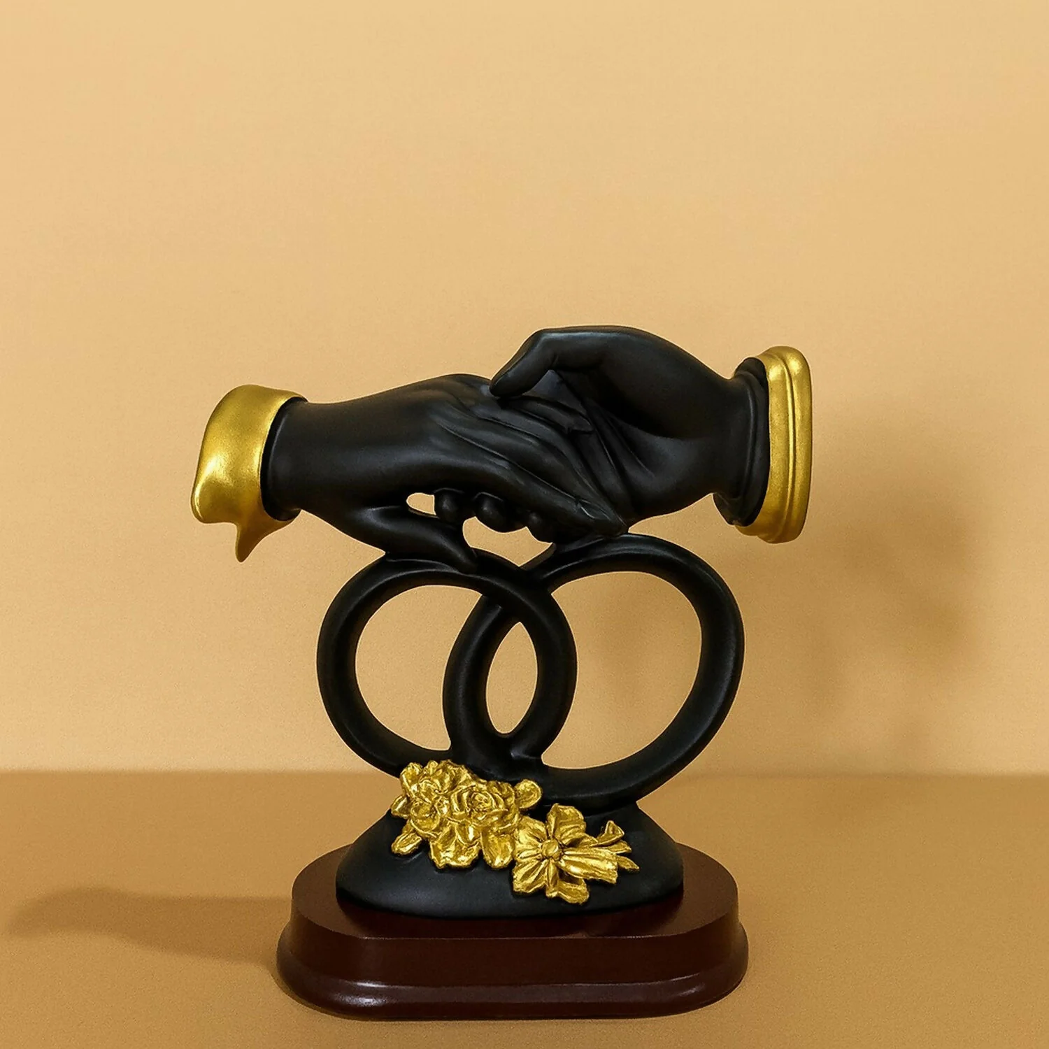 Luxury Black & Gold Handshake Figurine with Interlocked Rings & Floral Base | Romantic Couple Holding Hands Showpiece for Home Décor, Wedding Gift, Anniversary Gift, Office Desk & Living Room Decoration - Image 3