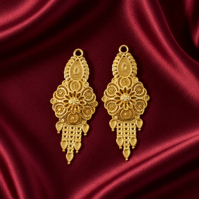 Luxury Bridal Gold-Finish Long Necklace Set with Traditional Engraved Pendant - Image 2