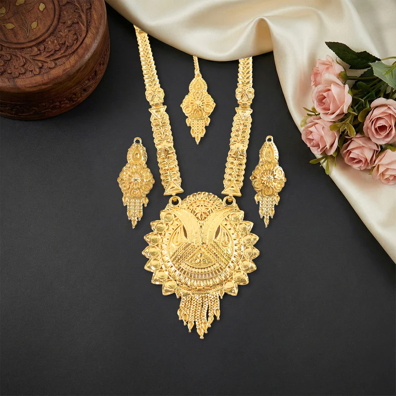 Luxury Bridal Gold-Finish Long Necklace Set with Traditional Engraved Pendant - Image 3