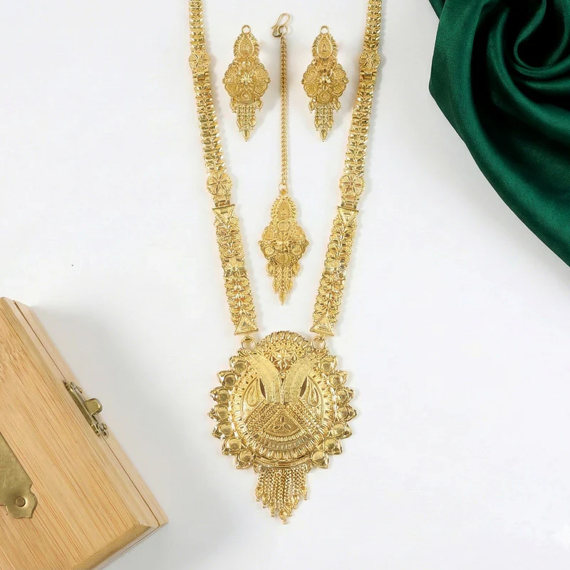 Luxury Bridal Gold-Finish Long Necklace Set with Traditional Engraved Pendant - Image 4