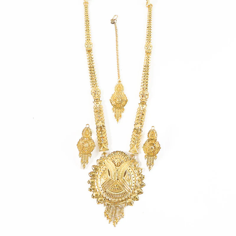 Luxury Bridal Gold-Finish Long Necklace Set with Traditional Engraved Pendant - Image 5