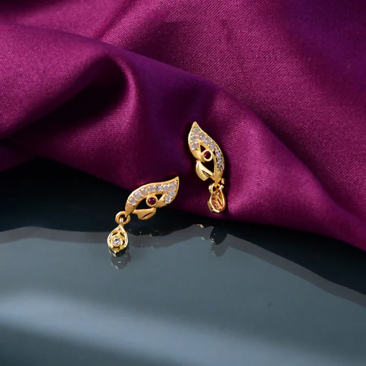 Luxury Curved Gold Earrings With Sparkling Stone Inlay And Elegant Drop Design - Image 3