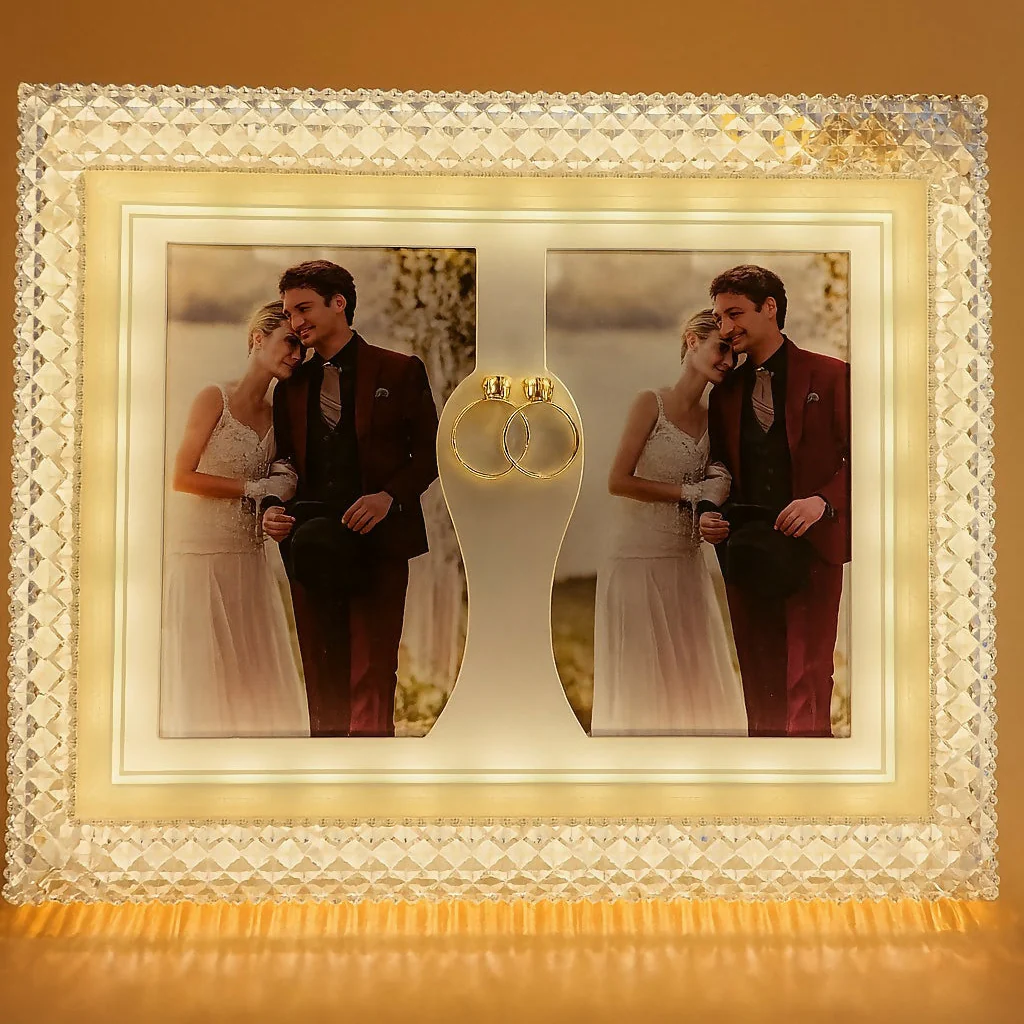 Luxury Double Photo LED Wedding Frame with Crystal Edge and Golden Ring Decor - Image 2