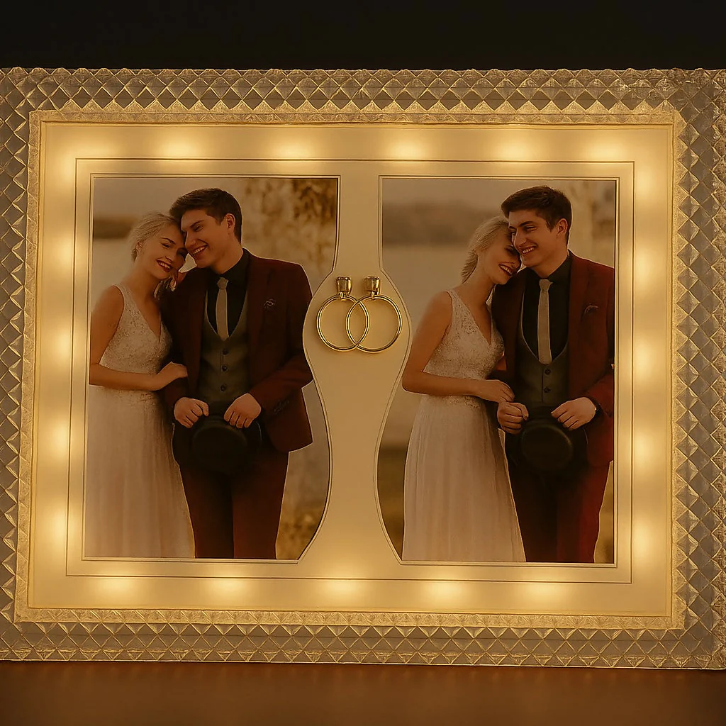 Luxury Double Photo LED Wedding Frame with Crystal Edge and Golden Ring Decor - Image 3