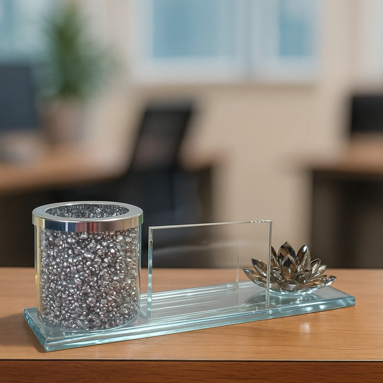 Luxury Glass Pen Stand and Card Holder with Crystal Lotus & Glitter Decor - Image 2
