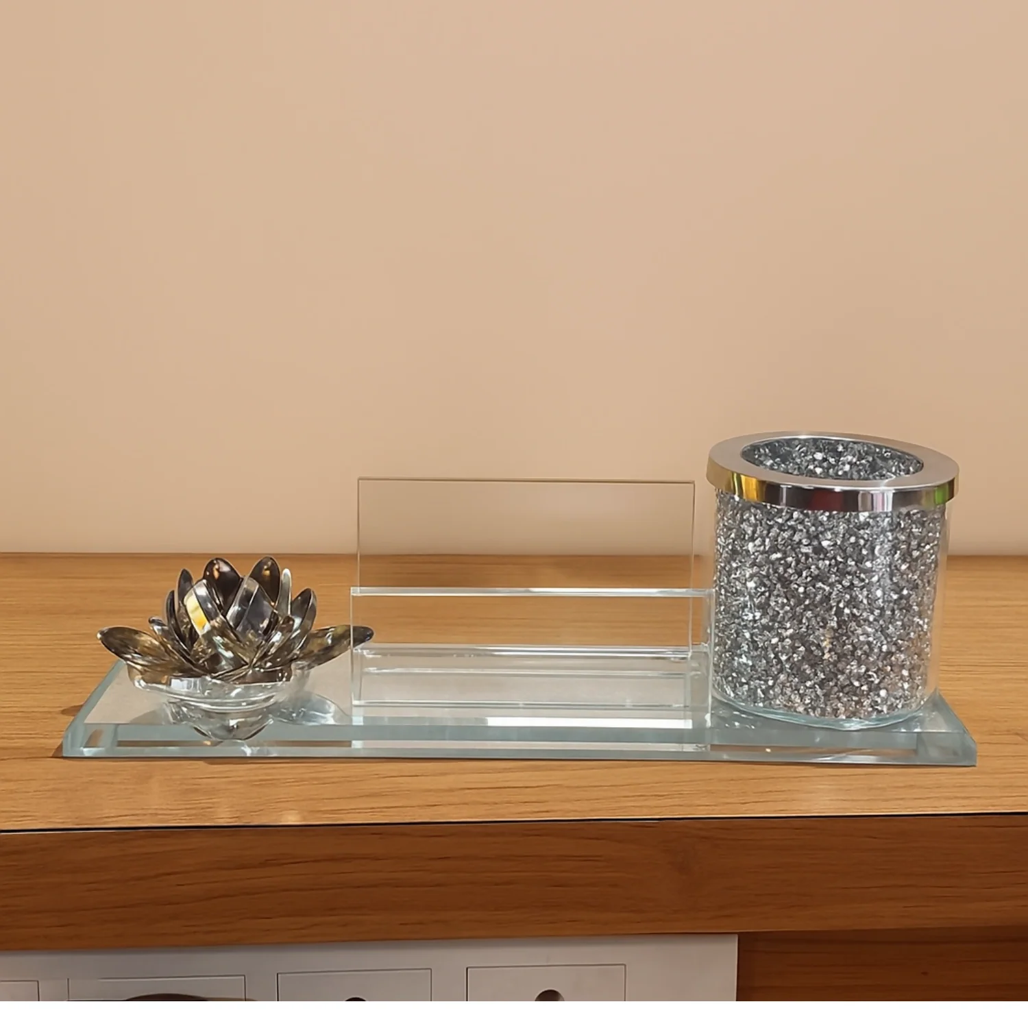 Luxury Glass Pen Stand and Card Holder with Crystal Lotus & Glitter Decor - Image 3