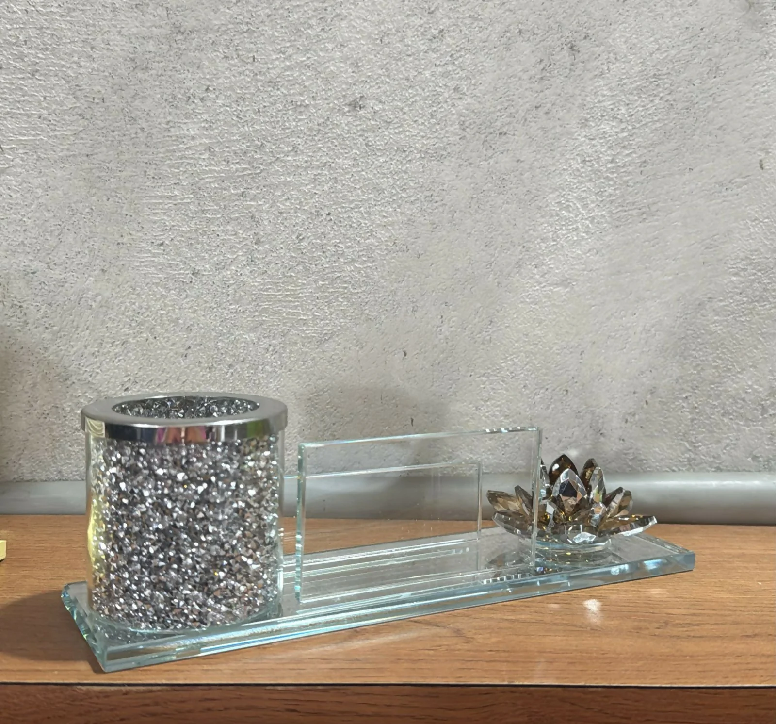 Luxury Glass Pen Stand and Card Holder with Crystal Lotus & Glitter Decor - Image 4