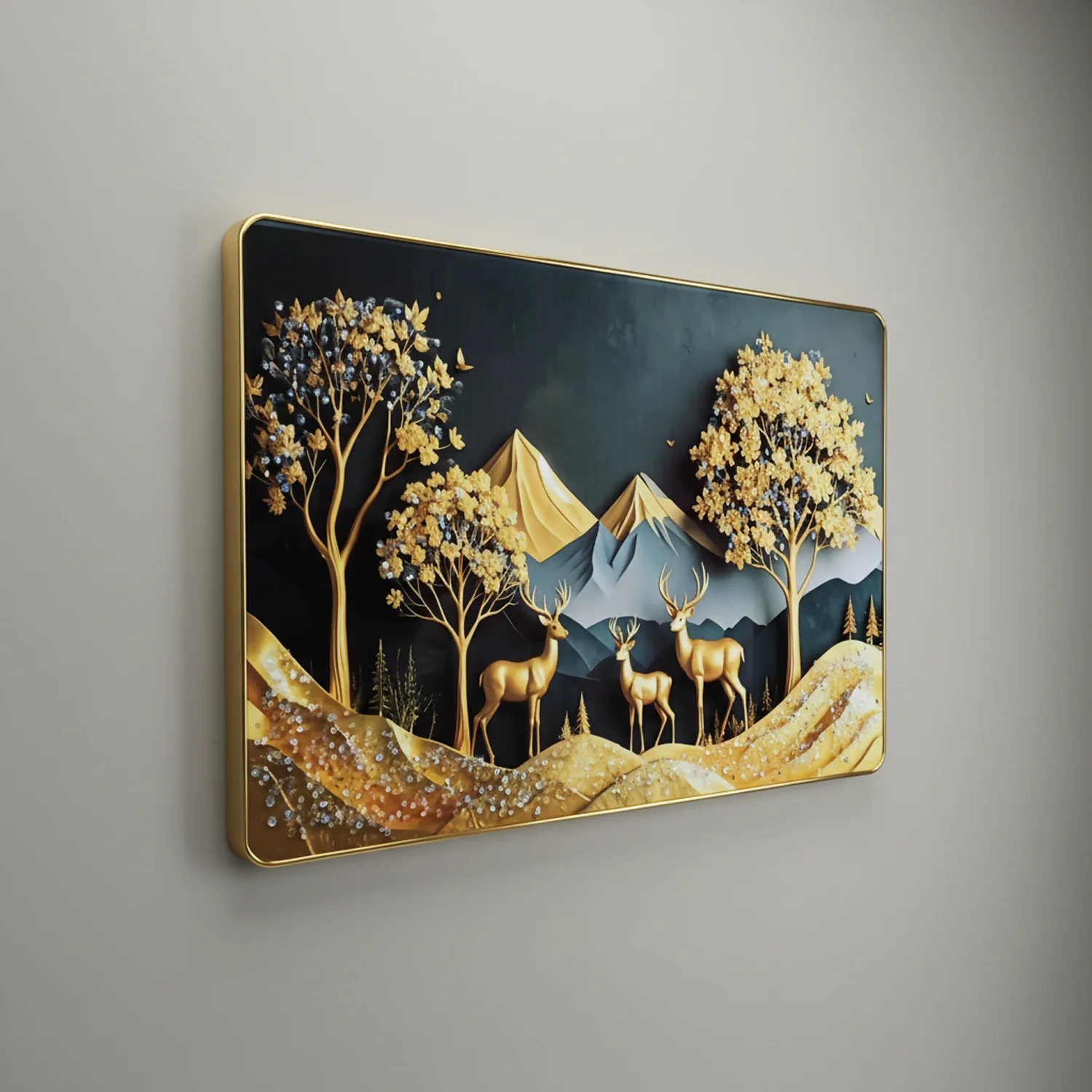 Luxury Golden Deer Mountain Landscape Wall Art Frame Home Decor - Image 2