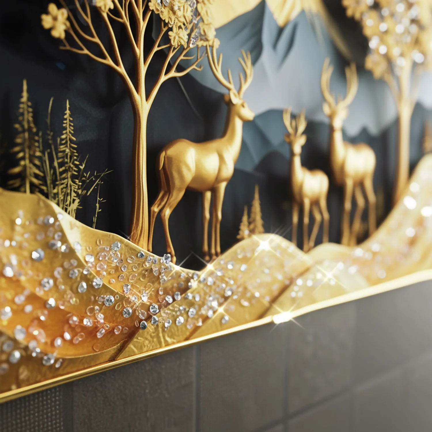 Luxury Golden Deer Mountain Landscape Wall Art Frame Home Decor - Image 3