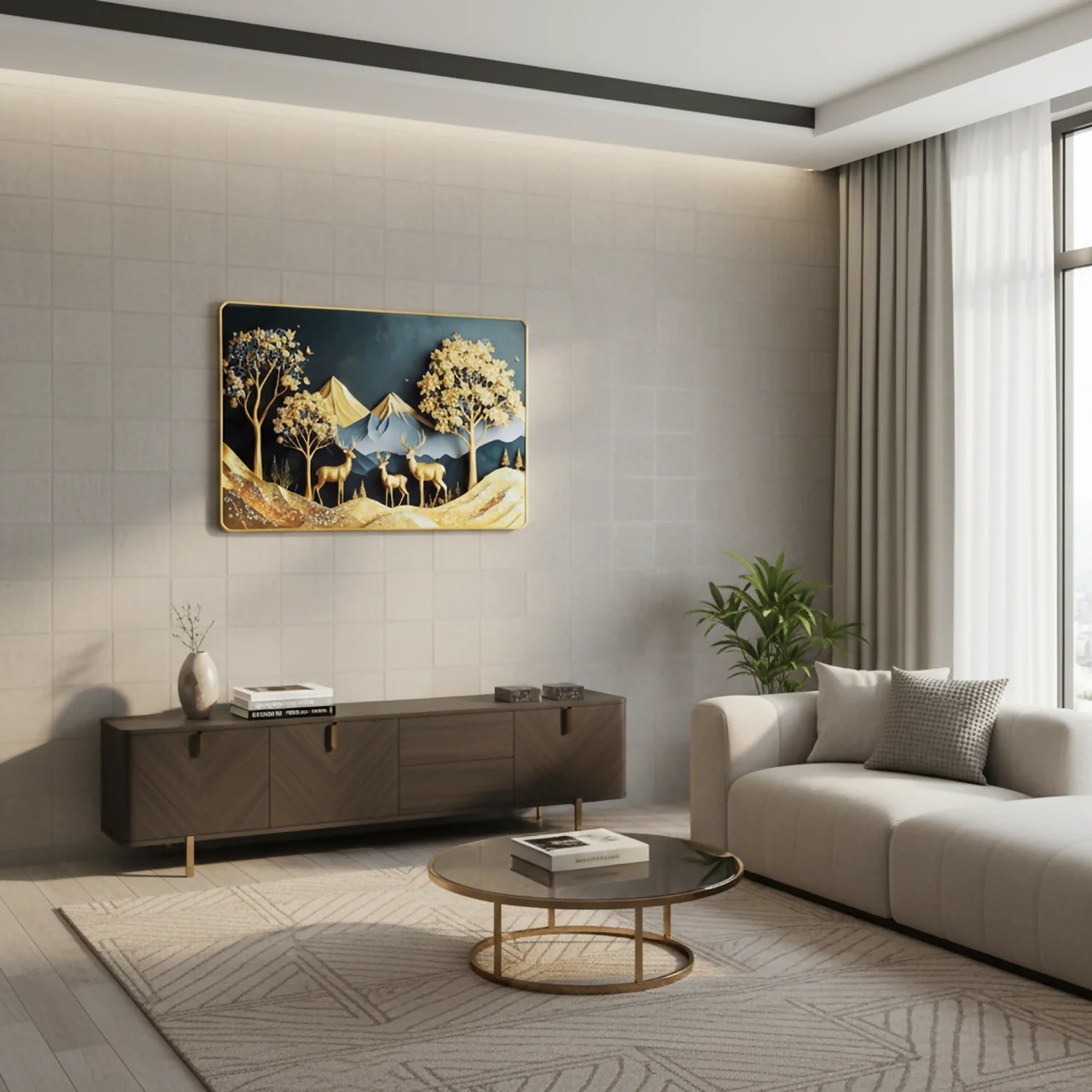 Luxury Golden Deer Mountain Landscape Wall Art Frame Home Decor - Image 4