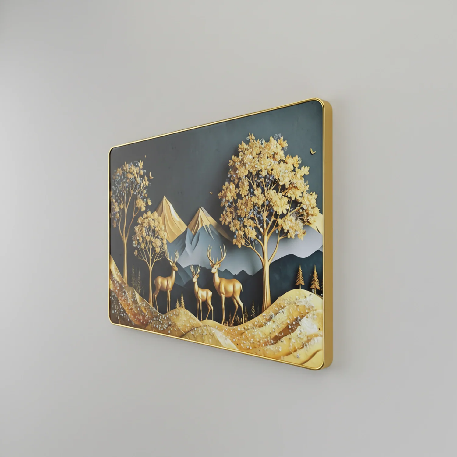 Luxury Golden Deer Mountain Landscape Wall Art Frame Home Decor - Image 5