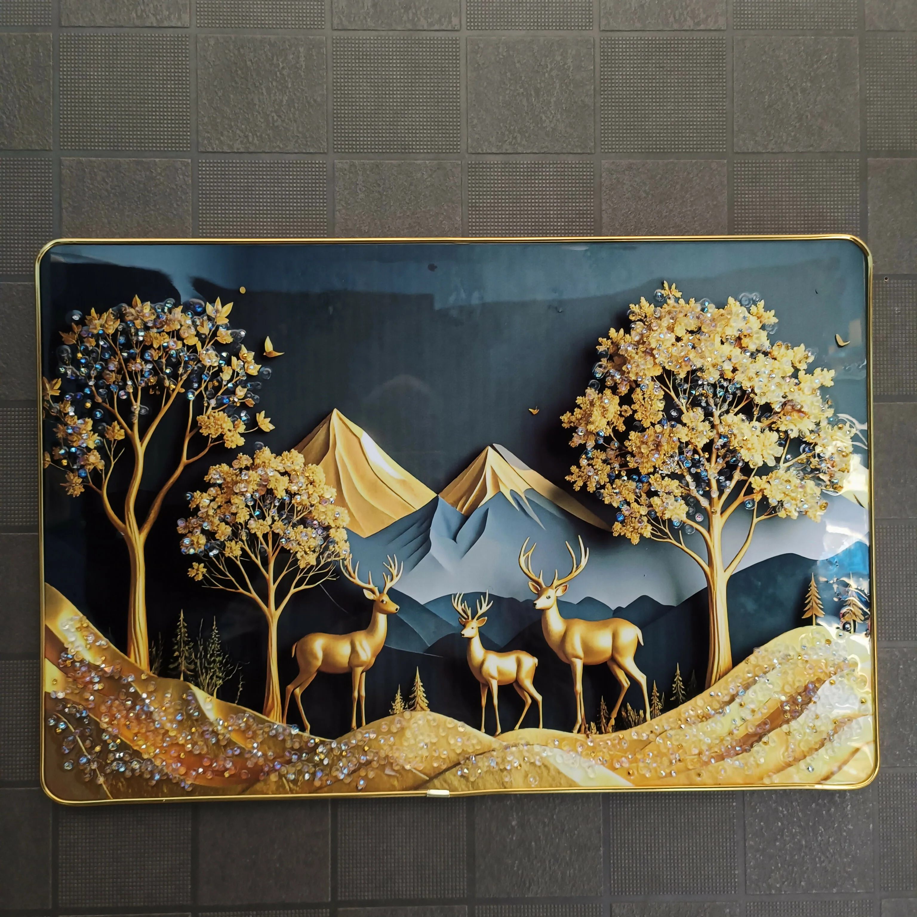 Luxury Golden Deer Mountain Landscape Wall Art Frame Home Decor - Image 6