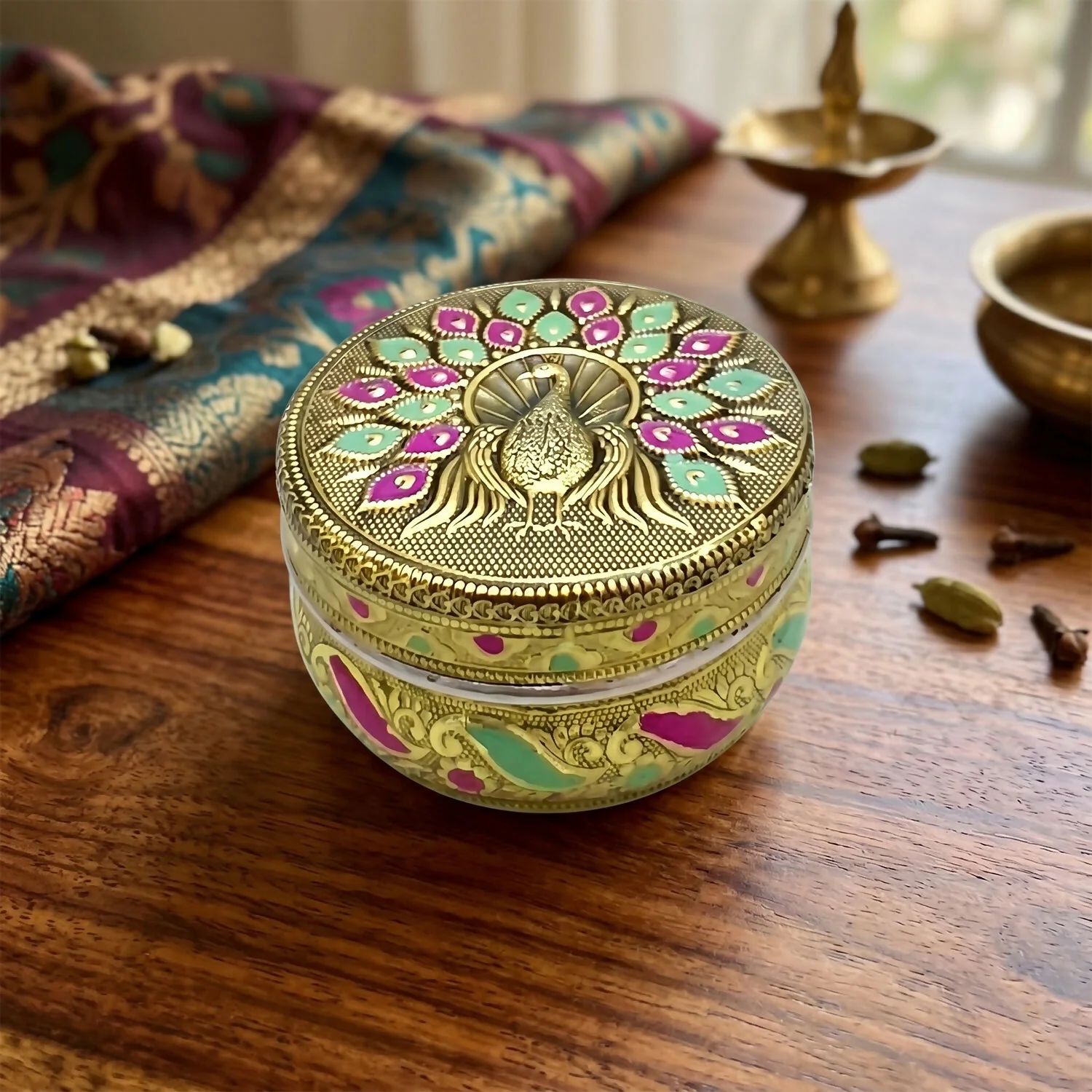 Luxury Handcrafted Stainless Steel Storage Box with Gold Meena & Embossed Peacock Design Lid – Festive Gift Box - Image 2